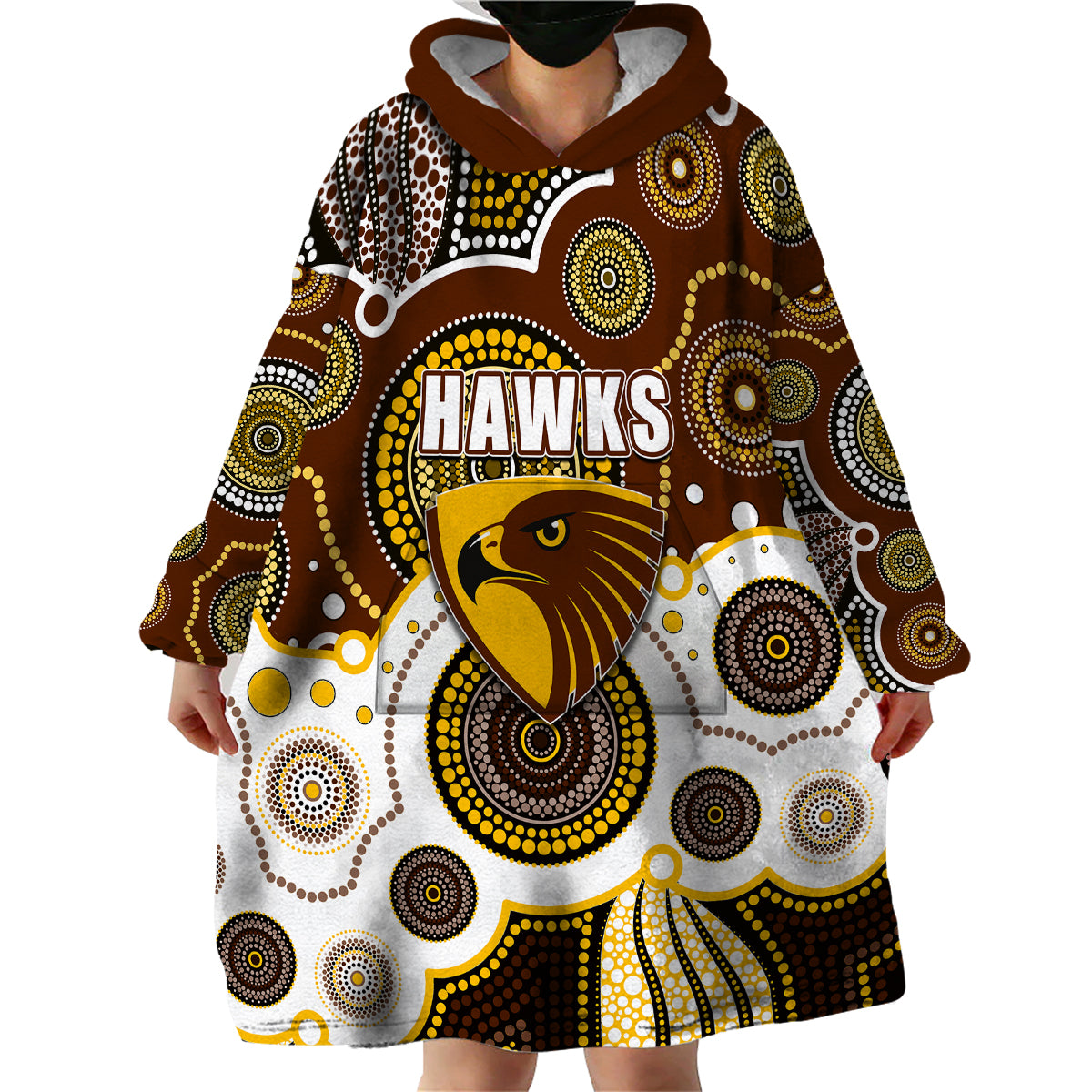 (Custom Personalised And Number) Hawks AFL Wearable Blanket Hoodie Aboriginal Patterns - Vibe Hoodie Shop