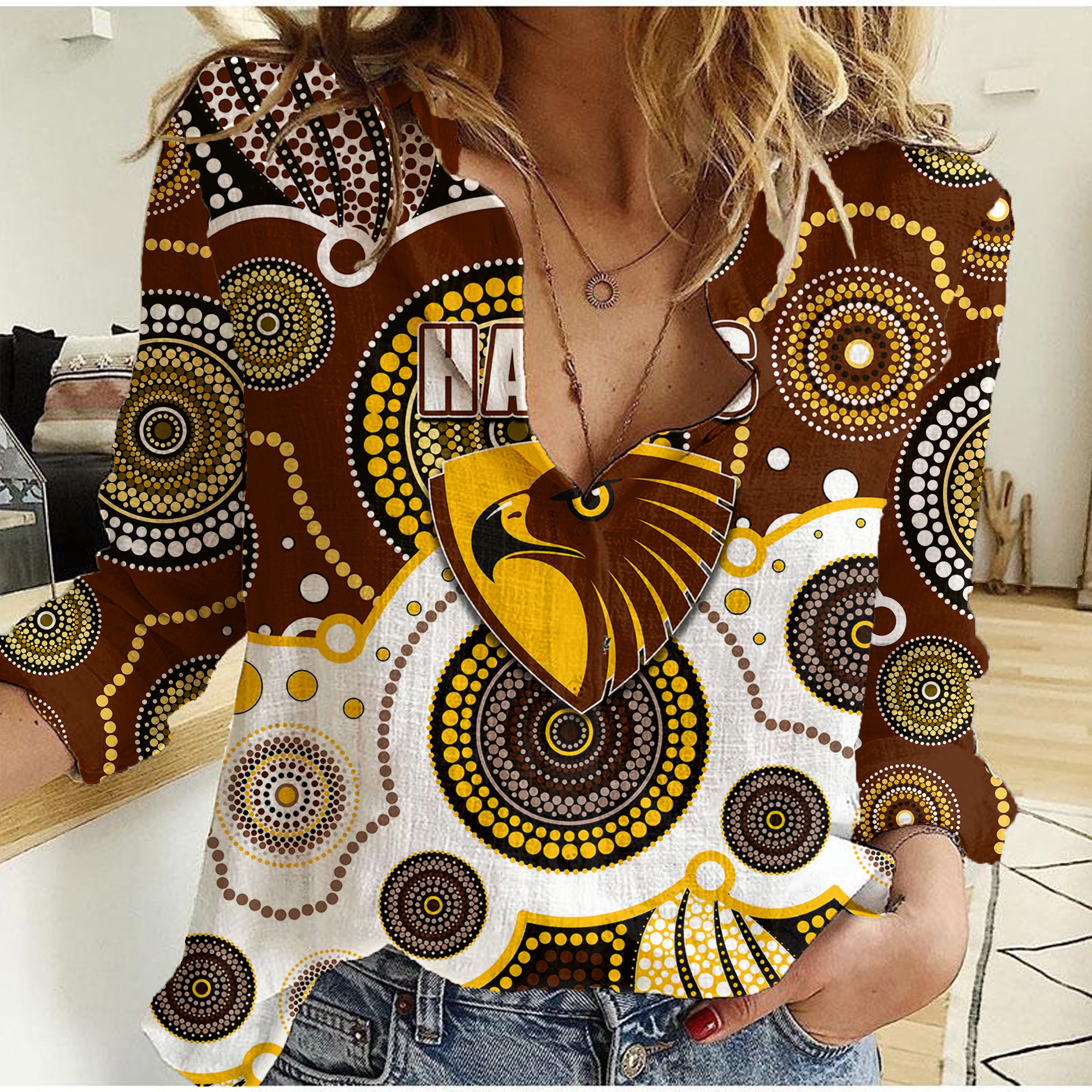 (Custom Personalised And Number) Hawks AFL Women Casual Shirt Aboriginal Patterns - Vibe Hoodie Shop