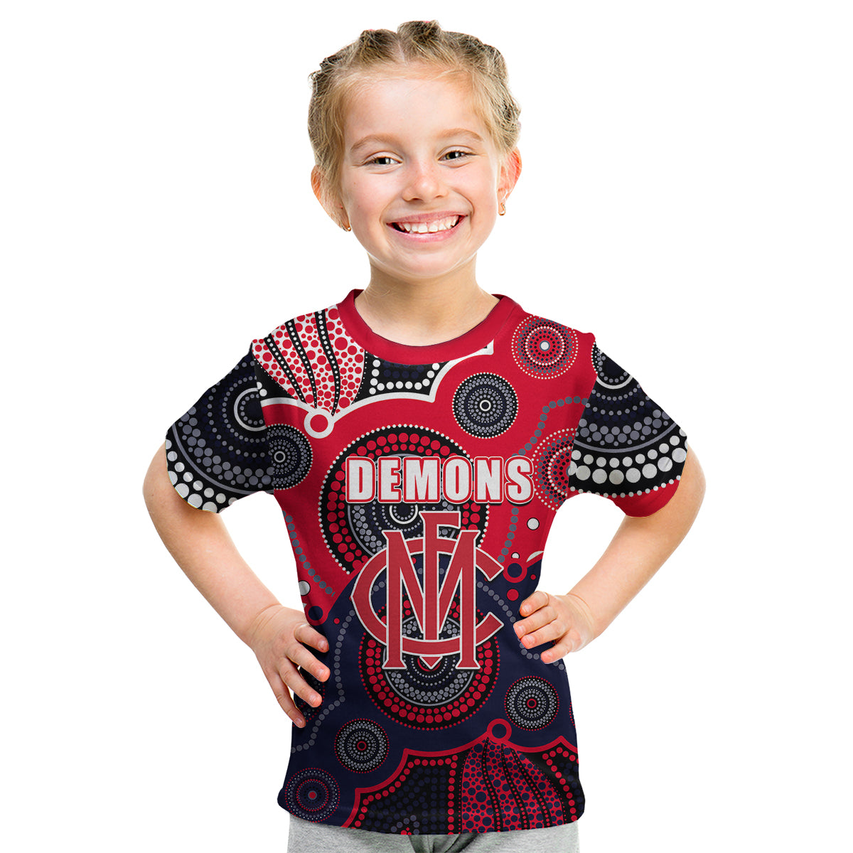 (Custom Personalised And Number) Demons AFL Kid T Shirt Aboriginal Patterns - Vibe Hoodie Shop