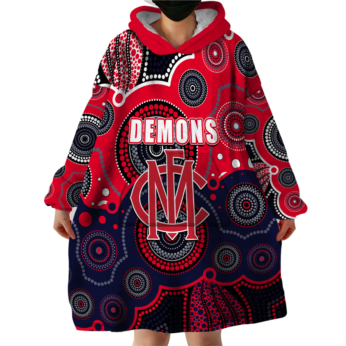 (Custom Personalised And Number) Demons AFL Wearable Blanket Hoodie Aboriginal Patterns - Vibe Hoodie Shop