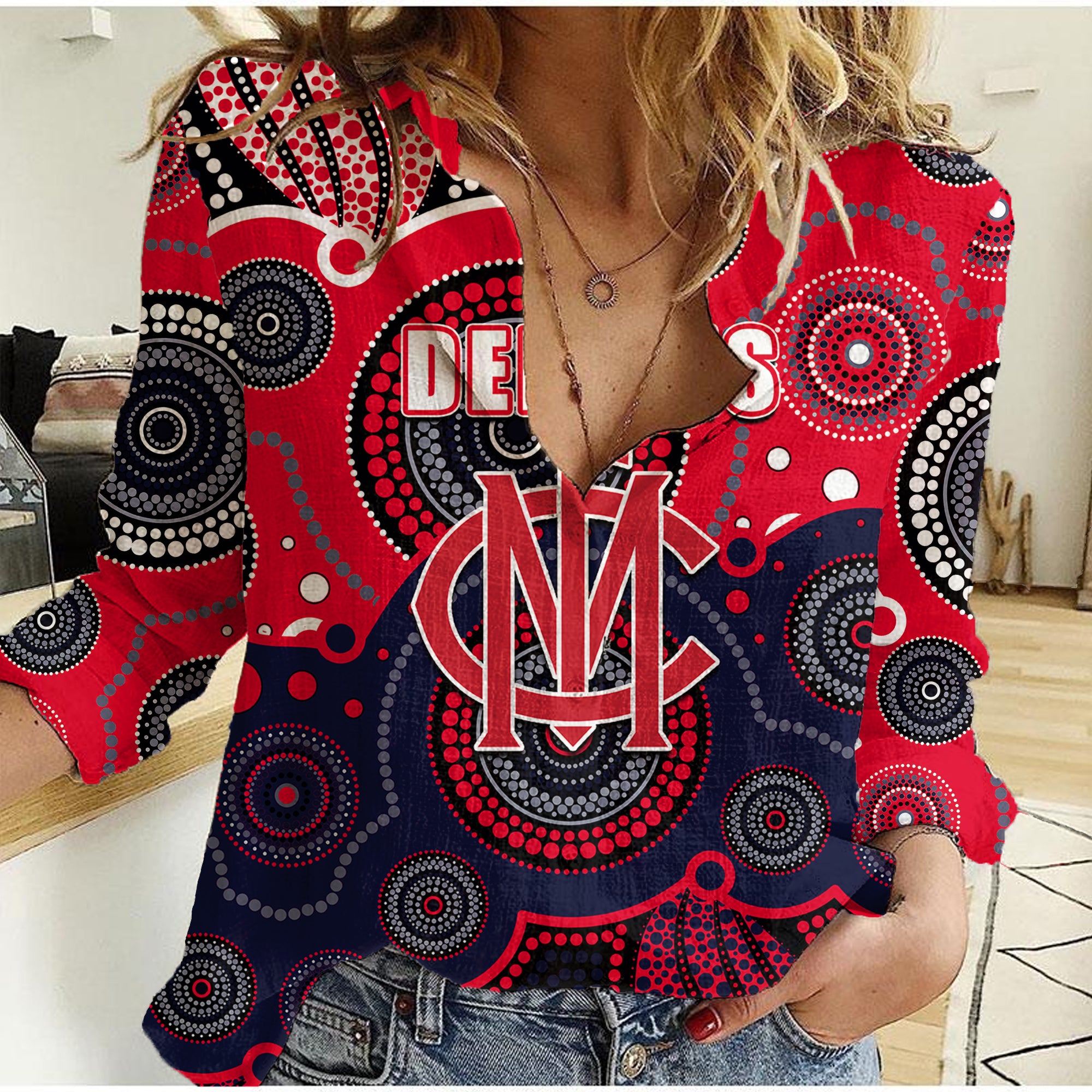 (Custom Personalised And Number) Demons AFL Women Casual Shirt Aboriginal Patterns - Vibe Hoodie Shop