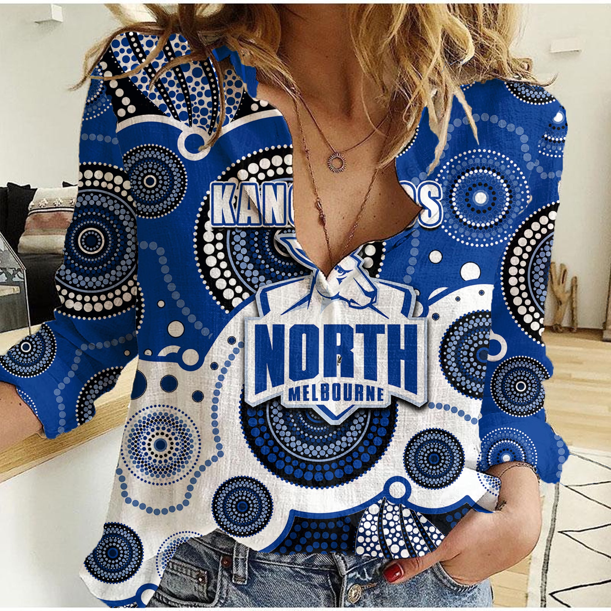 (Custom Personalised And Number) North AFL Women Casual Shirt Aboriginal Patterns - Vibe Hoodie Shop