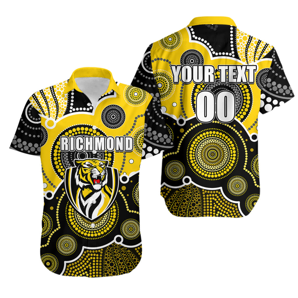 (Custom Personalised And Number) Yellow AFL Hawaiian Shirt Aboriginal Patterns - Vibe Hoodie Shop