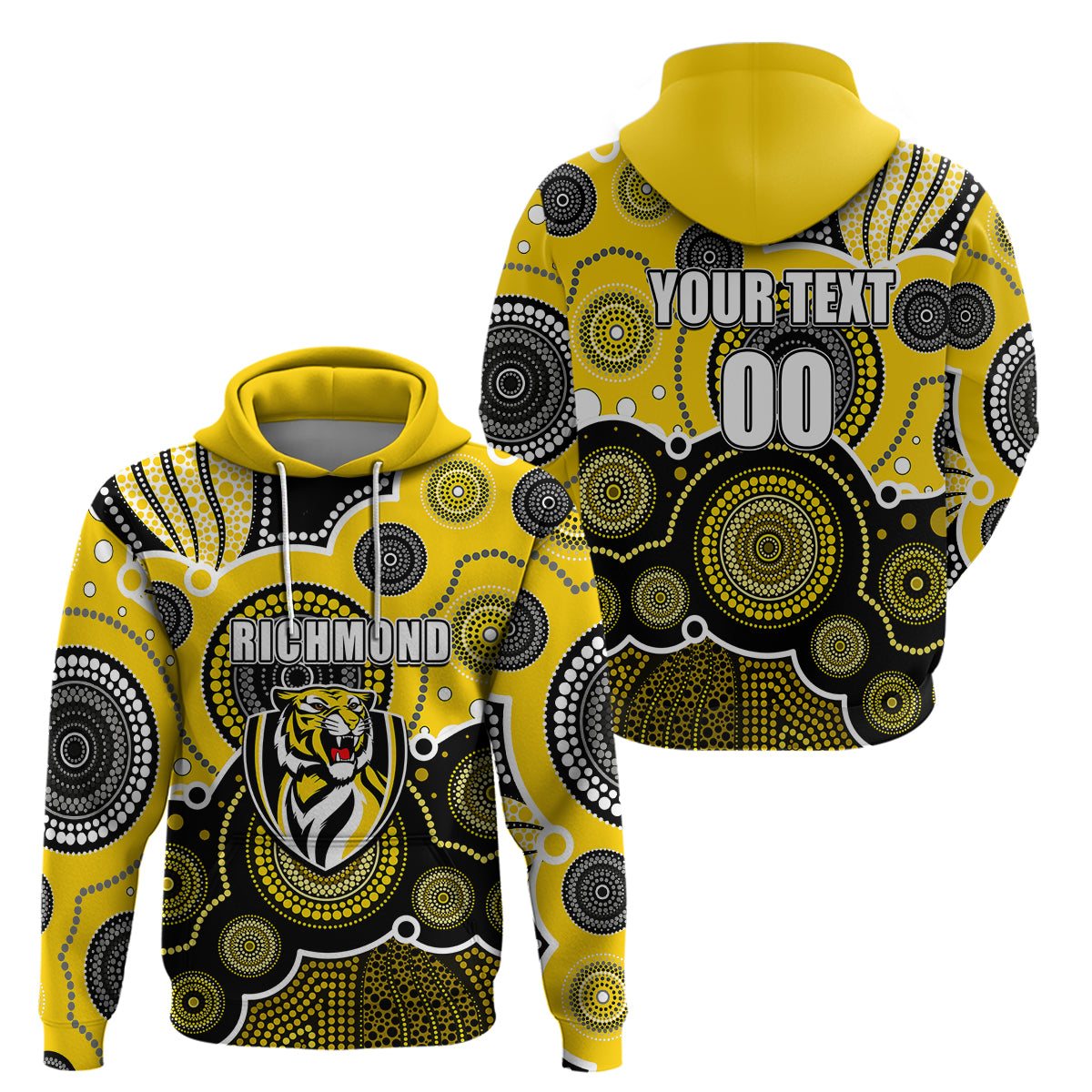 (Custom Personalised And Number) Yellow AFL Hoodie Aboriginal Patterns LT6 - Vibe Hoodie Shop