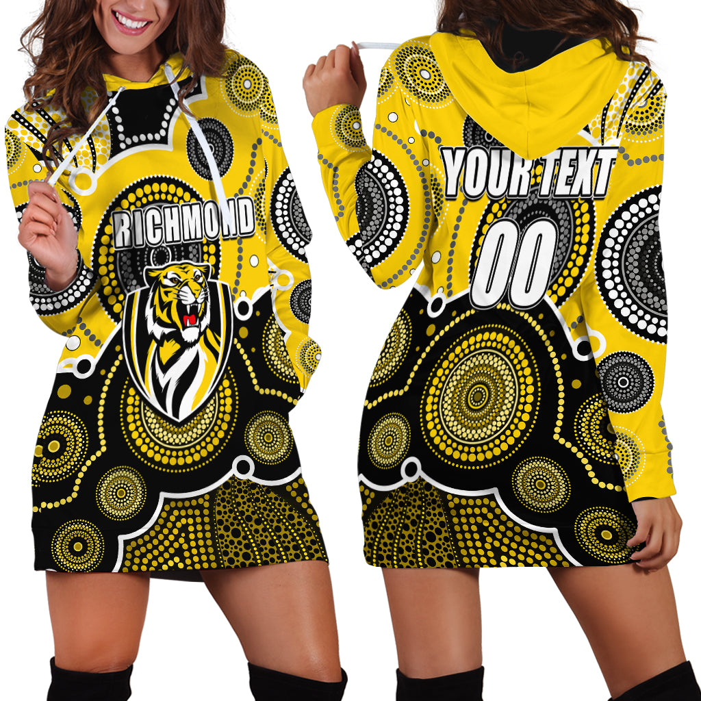 (Custom Personalised And Number) Yellow AFL Hoodie Dress Aboriginal Patterns - Vibe Hoodie Shop