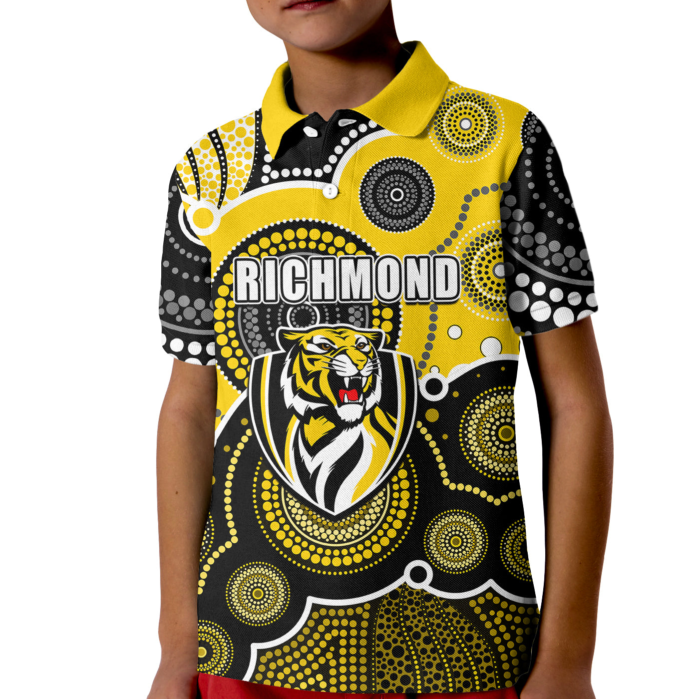 (Custom Personalised And Number) Yellow AFL Kid Polo Shirt Aboriginal Patterns - Vibe Hoodie Shop