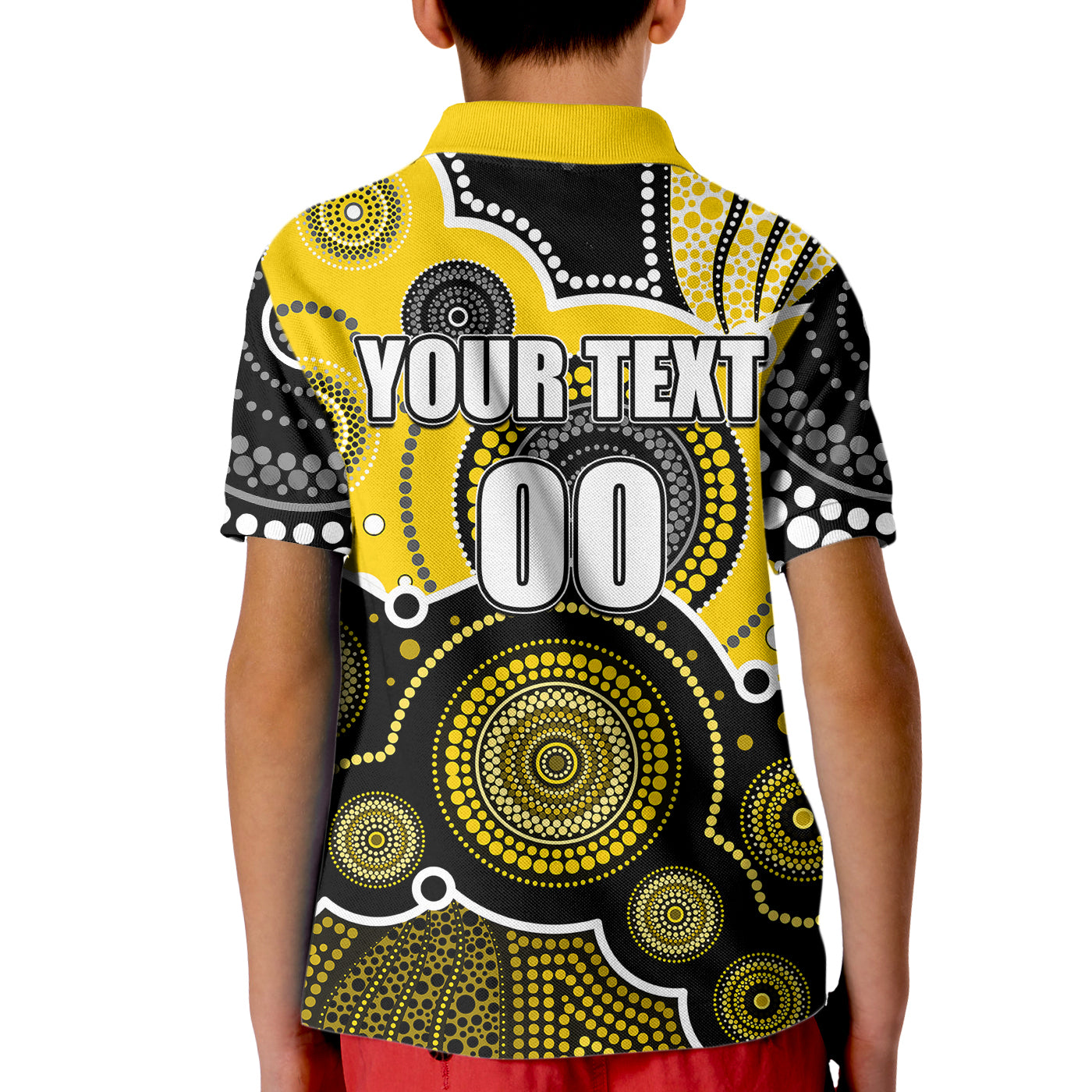 (Custom Personalised And Number) Yellow AFL Kid Polo Shirt Aboriginal Patterns - Vibe Hoodie Shop