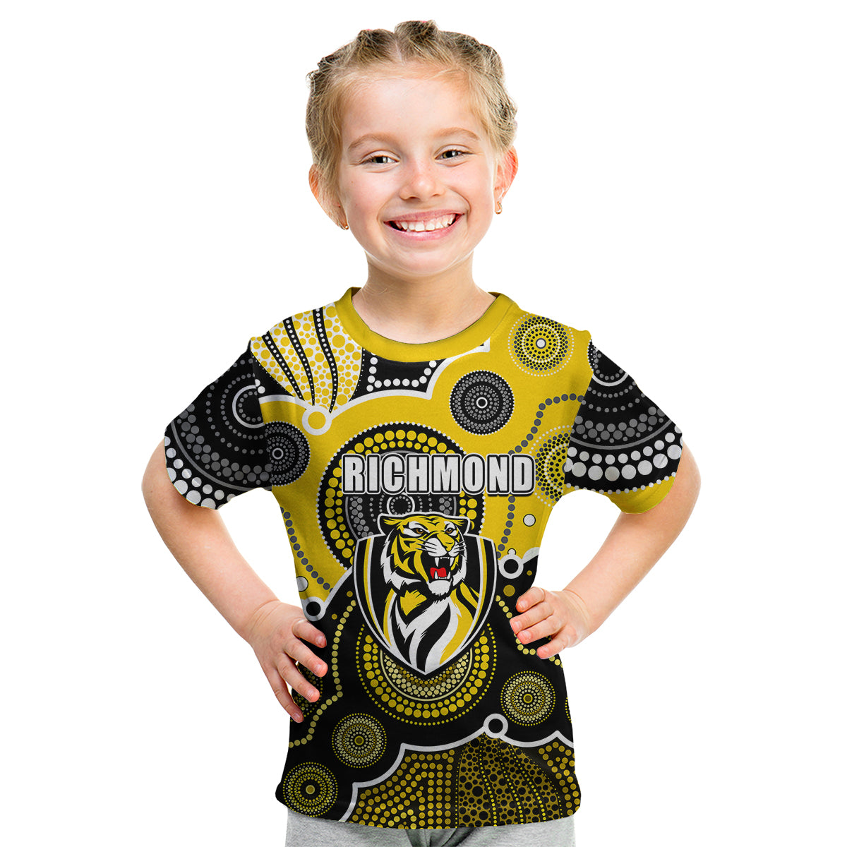 (Custom Personalised And Number) Yellow AFL Kid T Shirt Aboriginal Patterns - Vibe Hoodie Shop