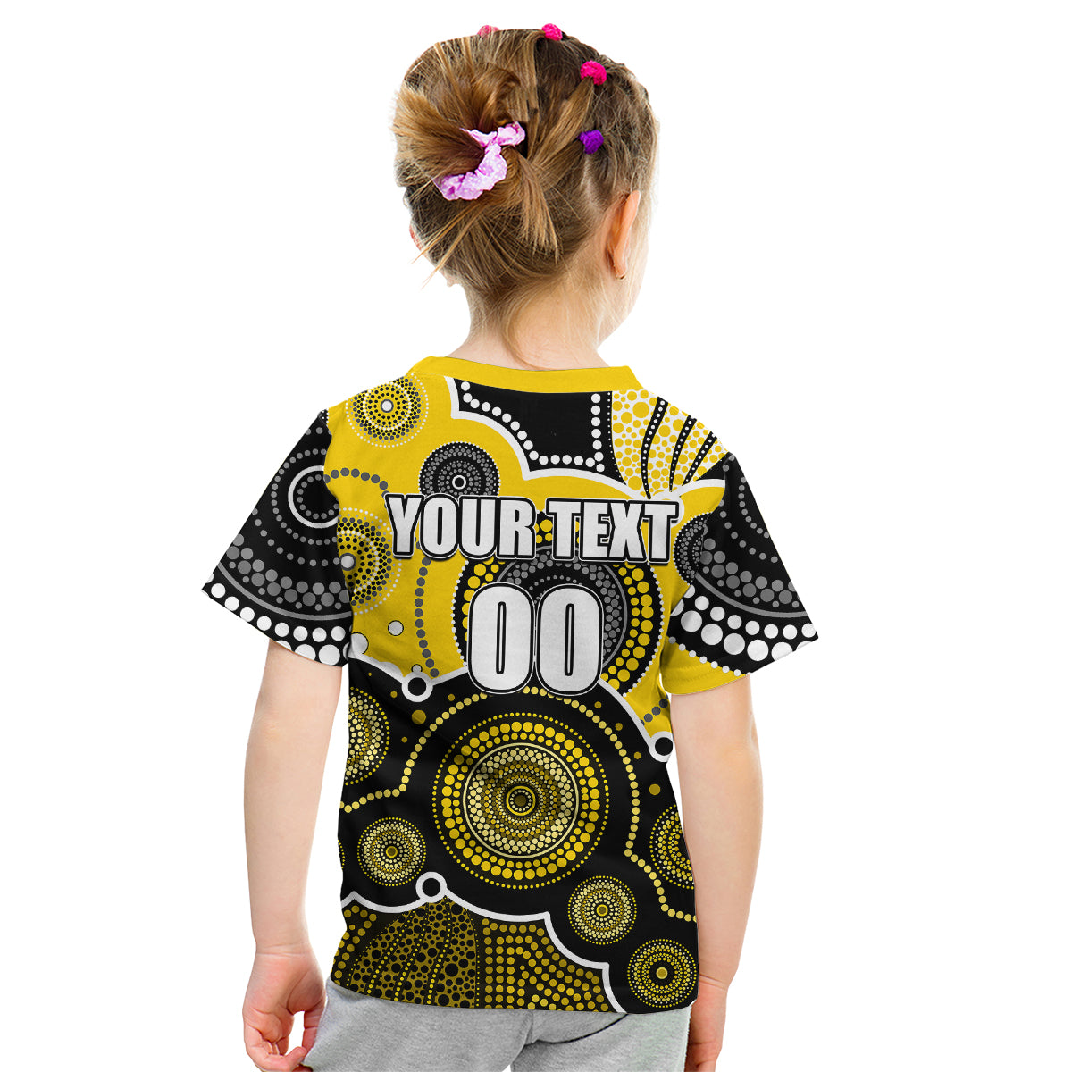 (Custom Personalised And Number) Yellow AFL Kid T Shirt Aboriginal Patterns - Vibe Hoodie Shop