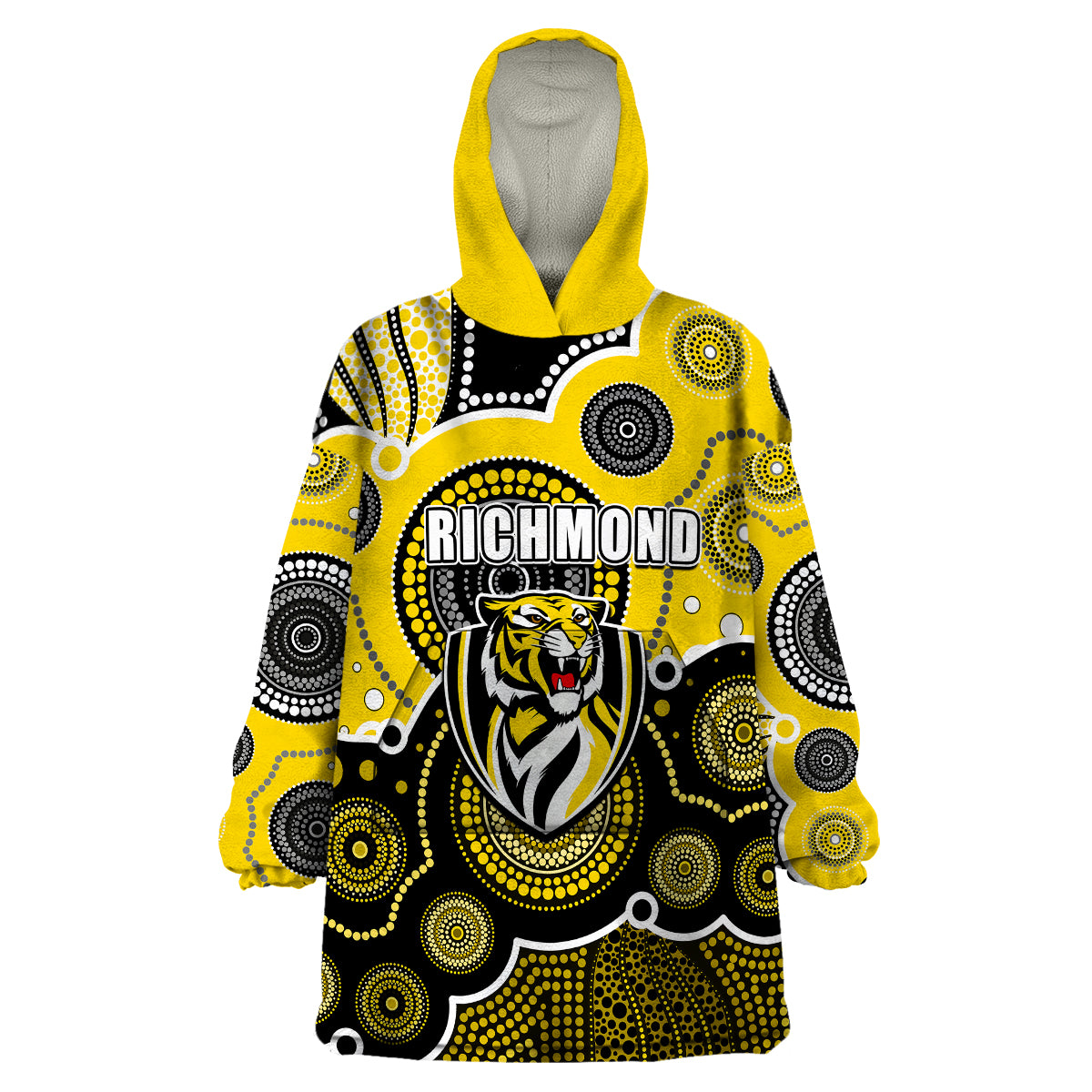 (Custom Personalised And Number) Yellow AFL Wearable Blanket Hoodie Aboriginal Patterns - Vibe Hoodie Shop