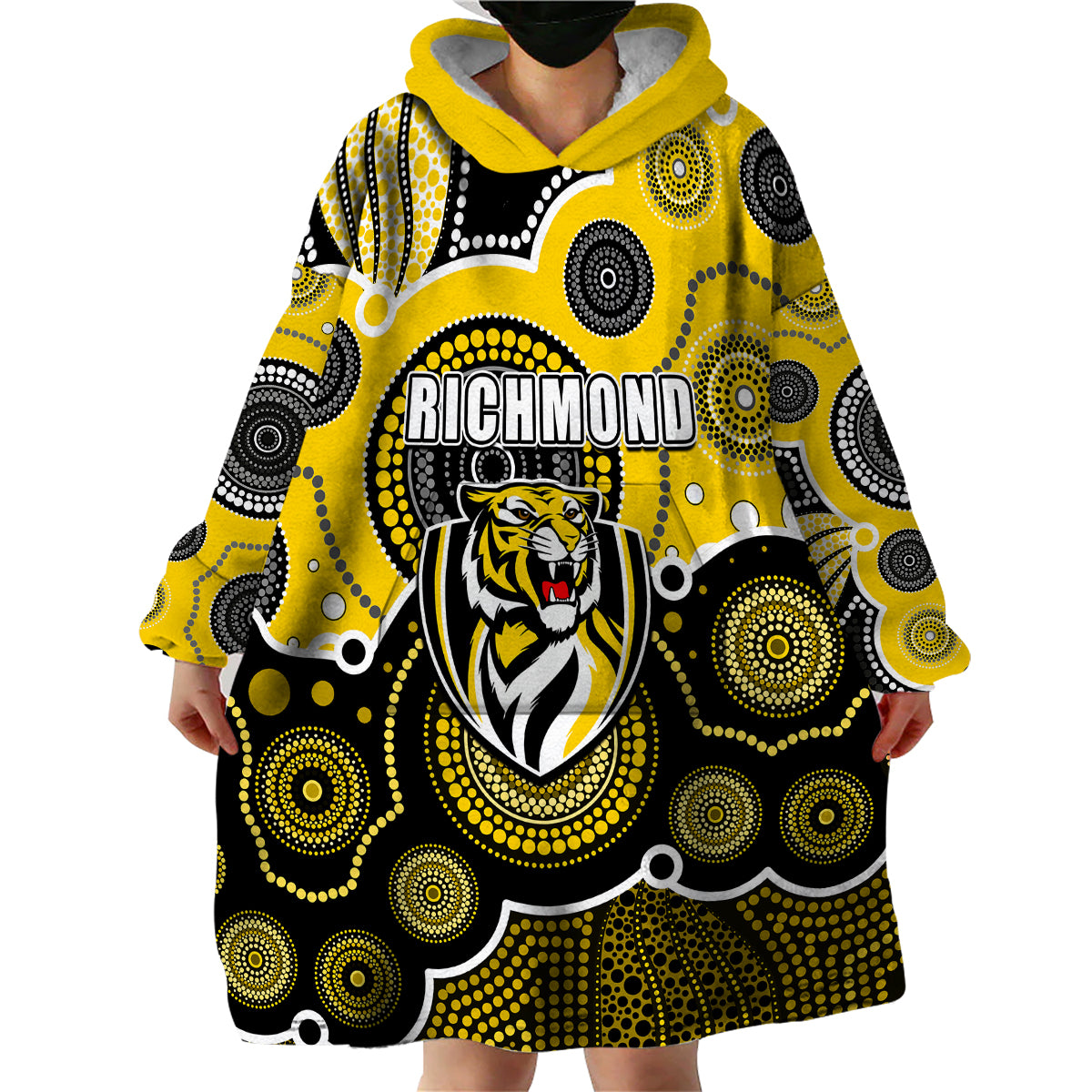 (Custom Personalised And Number) Yellow AFL Wearable Blanket Hoodie Aboriginal Patterns - Vibe Hoodie Shop