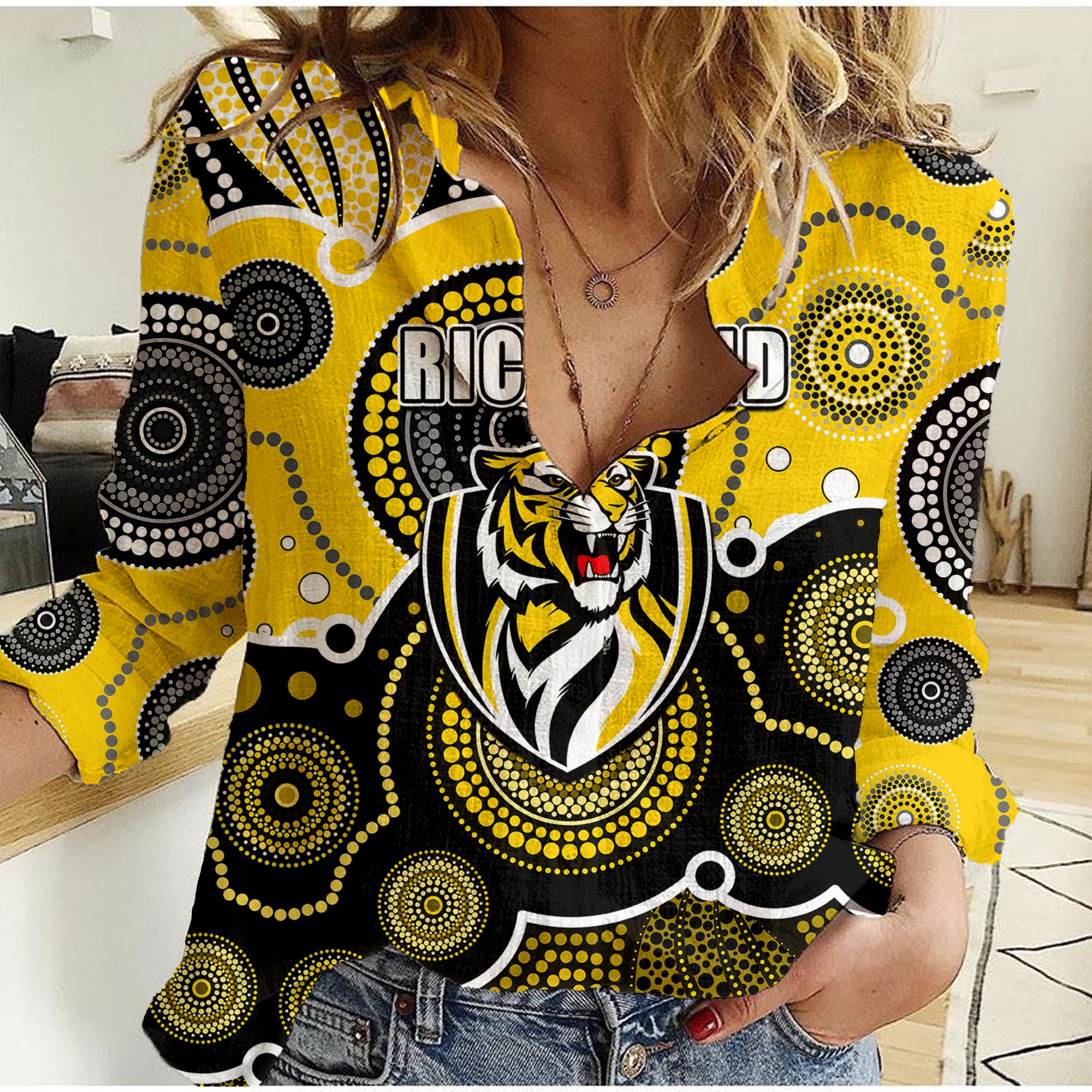 (Custom Personalised And Number) Yellow AFL Women Casual Shirt Aboriginal Patterns - Vibe Hoodie Shop