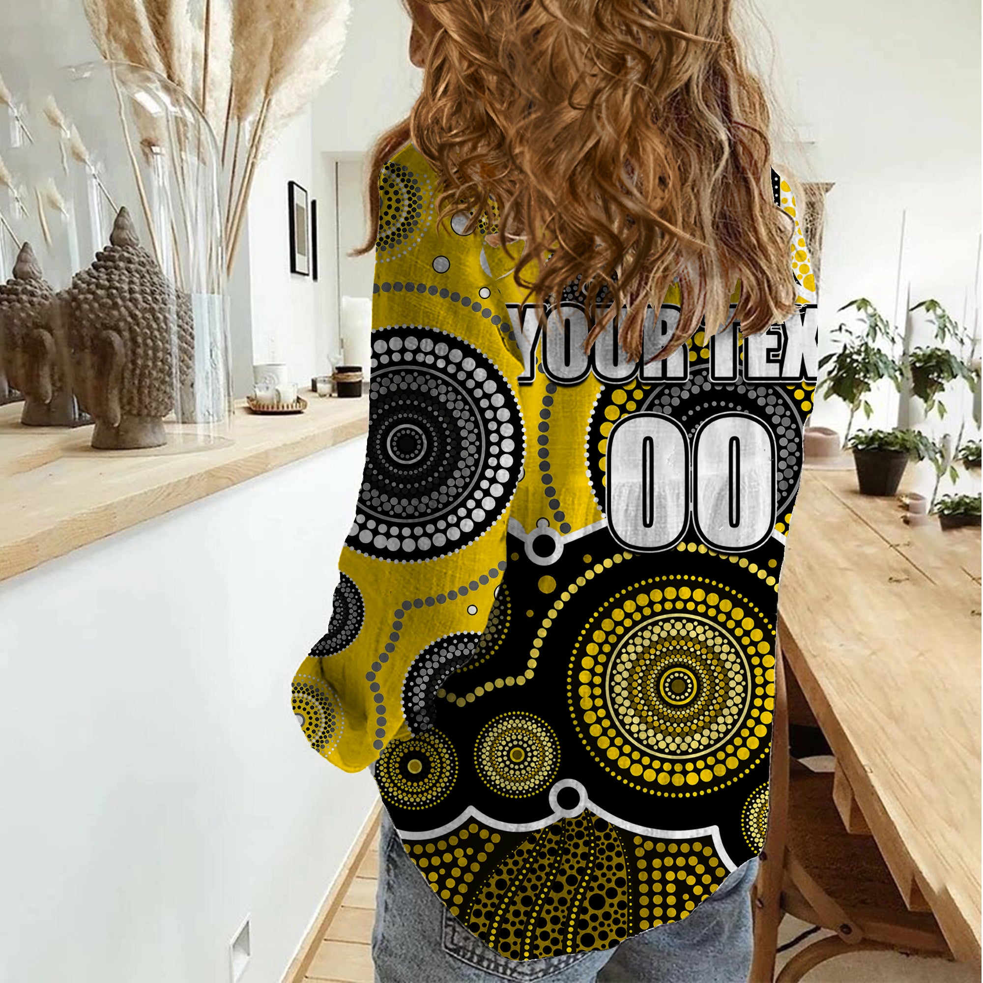 (Custom Personalised And Number) Yellow AFL Women Casual Shirt Aboriginal Patterns - Vibe Hoodie Shop