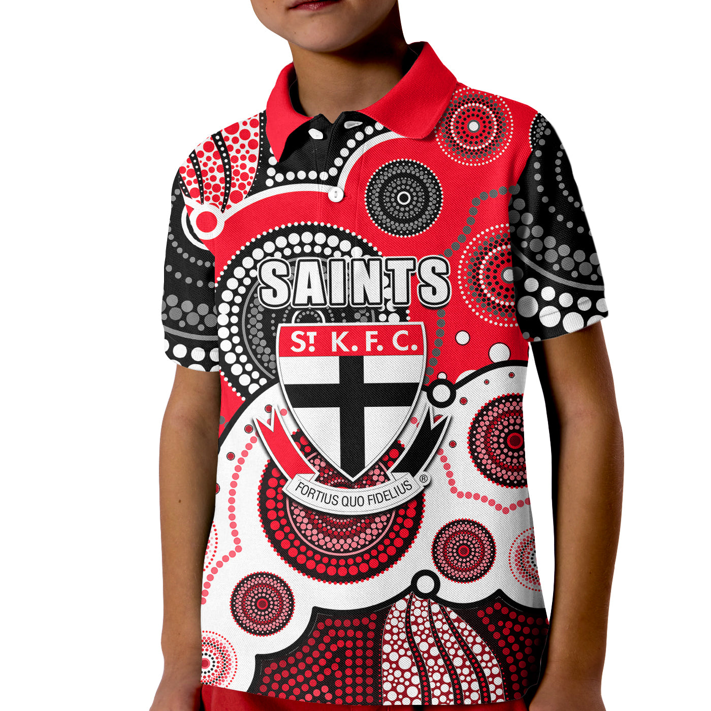 (Custom Personalised And Number) Saints AFL Kid Polo Shirt Aboriginal Patterns - Vibe Hoodie Shop