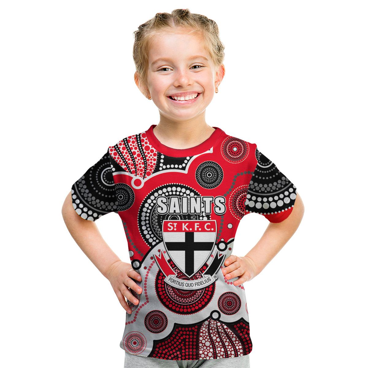 (Custom Personalised And Number) Saints AFL Kid T Shirt Aboriginal Patterns - Vibe Hoodie Shop