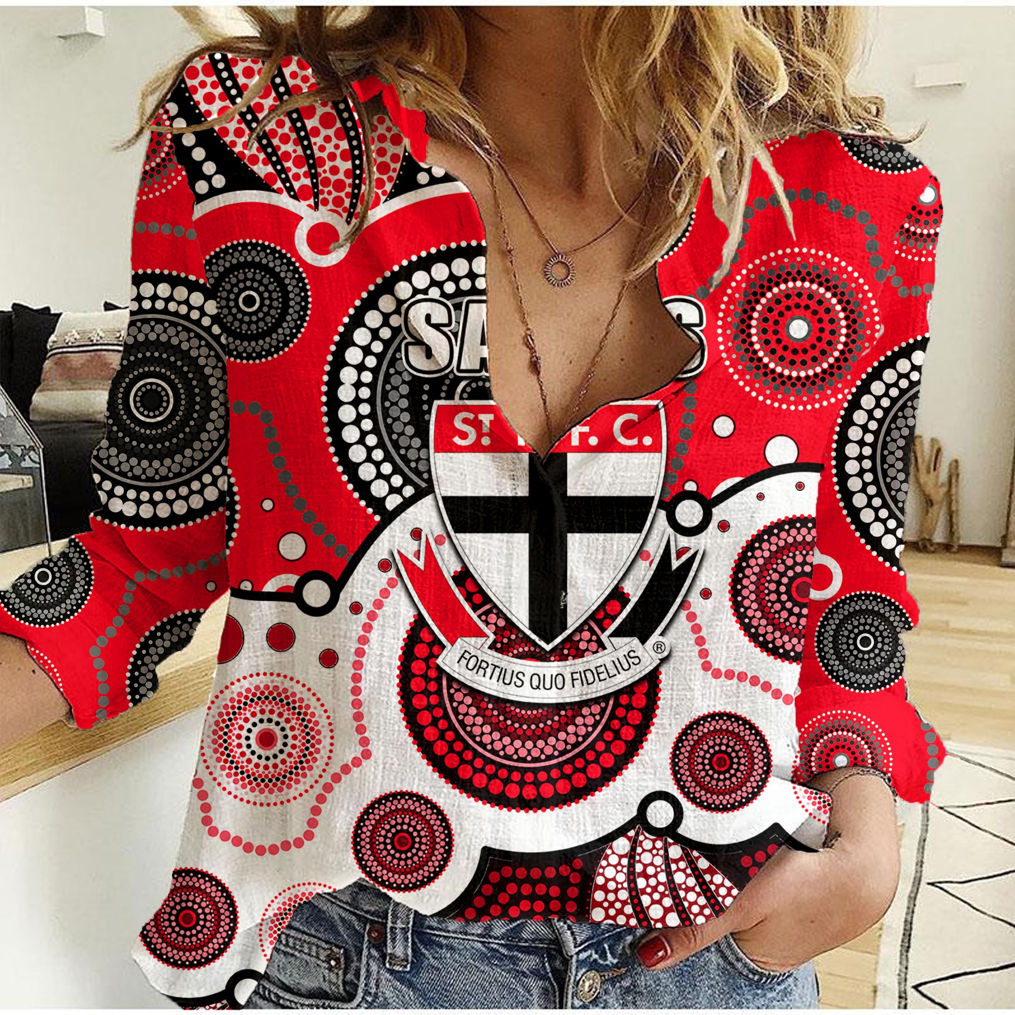 (Custom Personalised And Number) Saints AFL Women Casual Shirt Aboriginal Patterns - Vibe Hoodie Shop