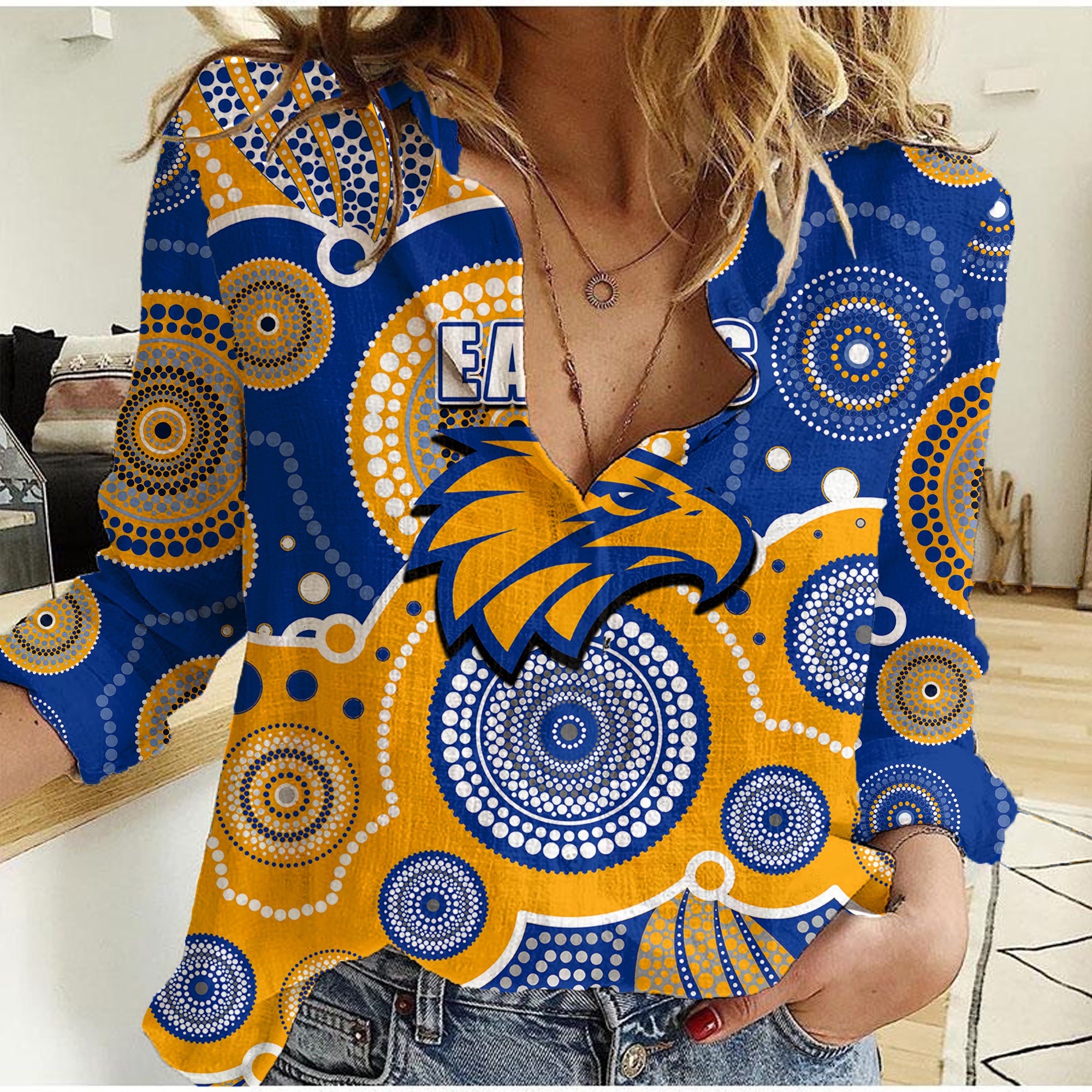 (Custom Personalised And Number) Eagles AFL Women Casual Shirt Aboriginal Patterns - Vibe Hoodie Shop