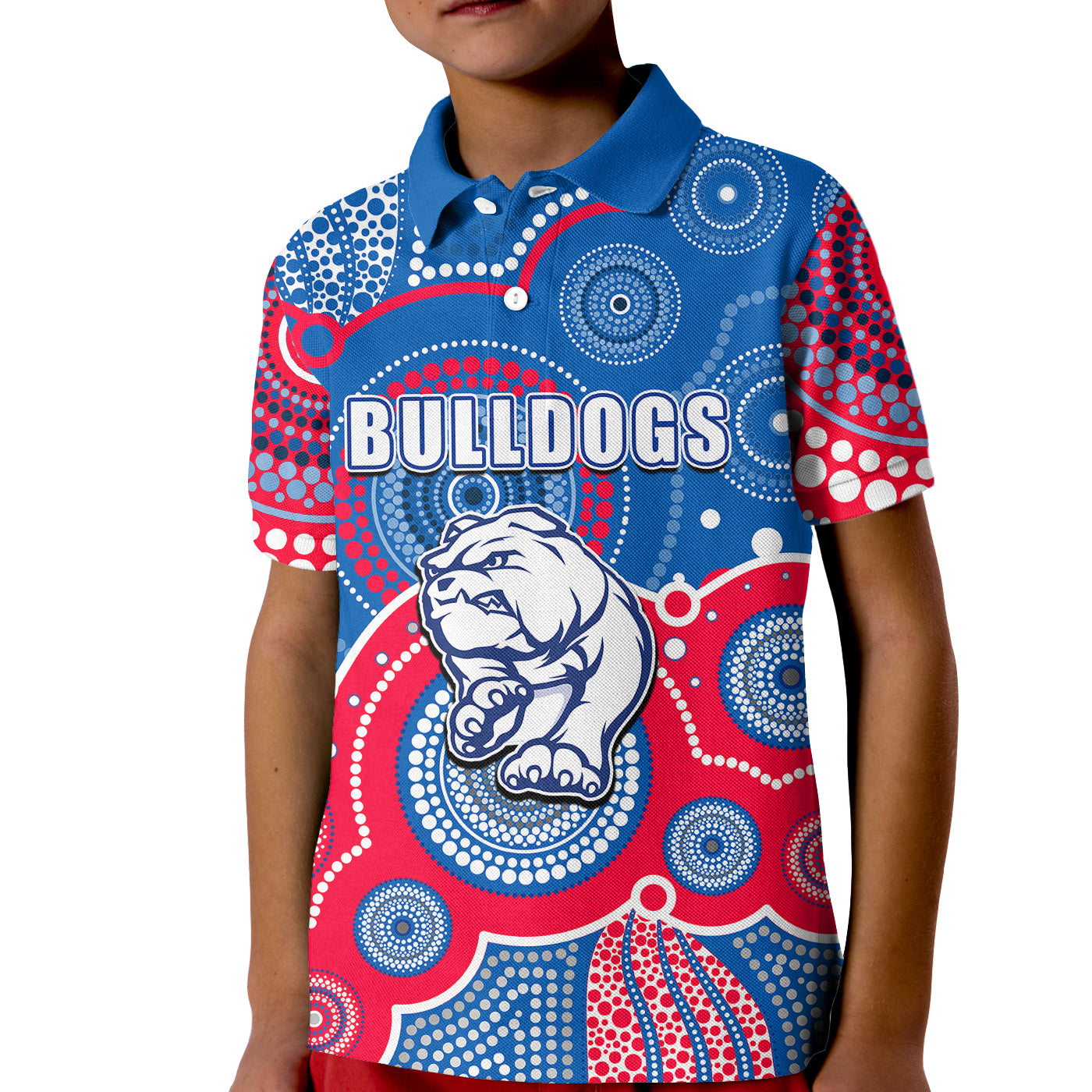 (Custom Personalised And Number) Bulldogs AFL Kid Polo Shirt Aboriginal Patterns - Vibe Hoodie Shop