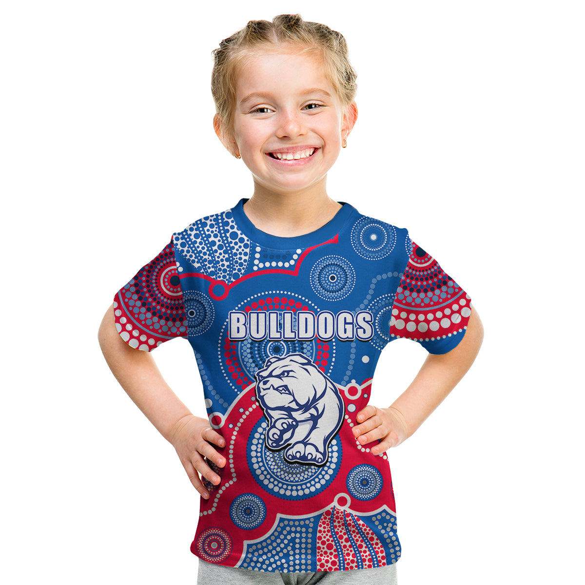 (Custom Personalised And Number) Bulldogs AFL Kid T Shirt Aboriginal Patterns - Vibe Hoodie Shop