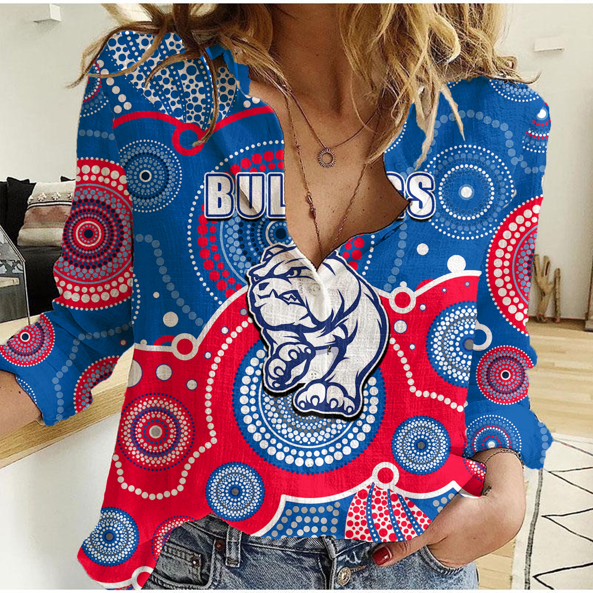 (Custom Personalised And Number) Bulldogs AFL Women Casual Shirt Aboriginal Patterns - Vibe Hoodie Shop