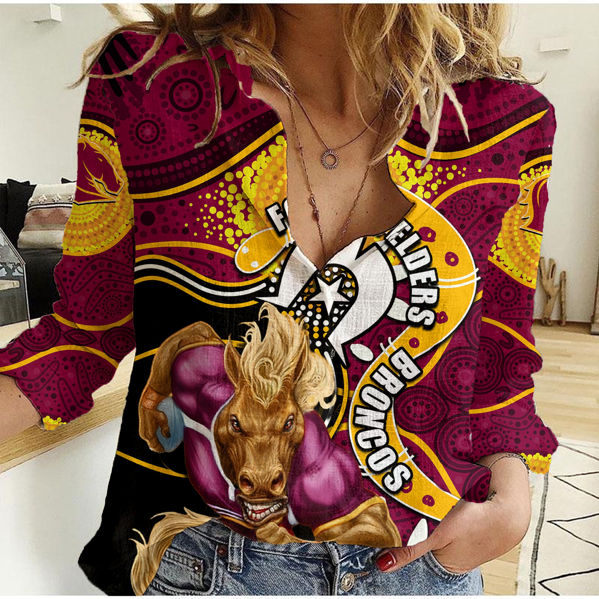 Broncos Mascot NRL Women Casual Shirt NAIDOC - Vibe Hoodie Shop