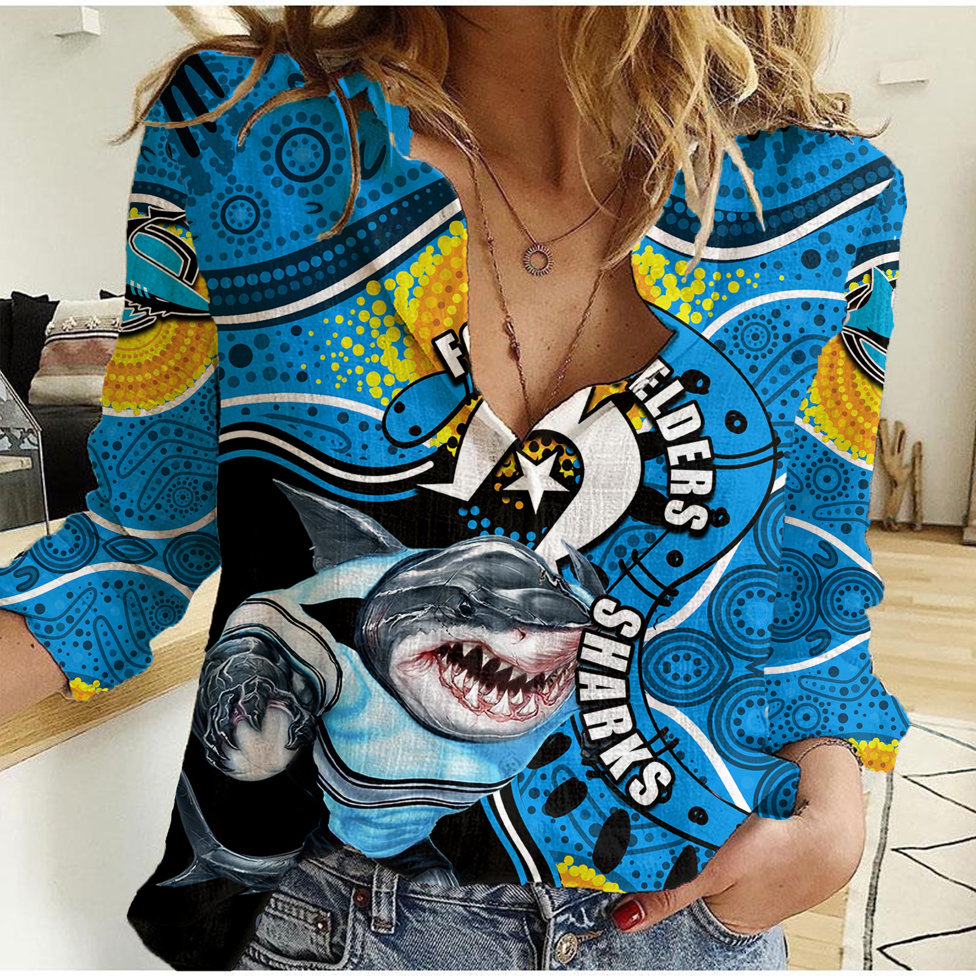 Sharks Mascot NRL Women Casual Shirt NAIDOC - Vibe Hoodie Shop