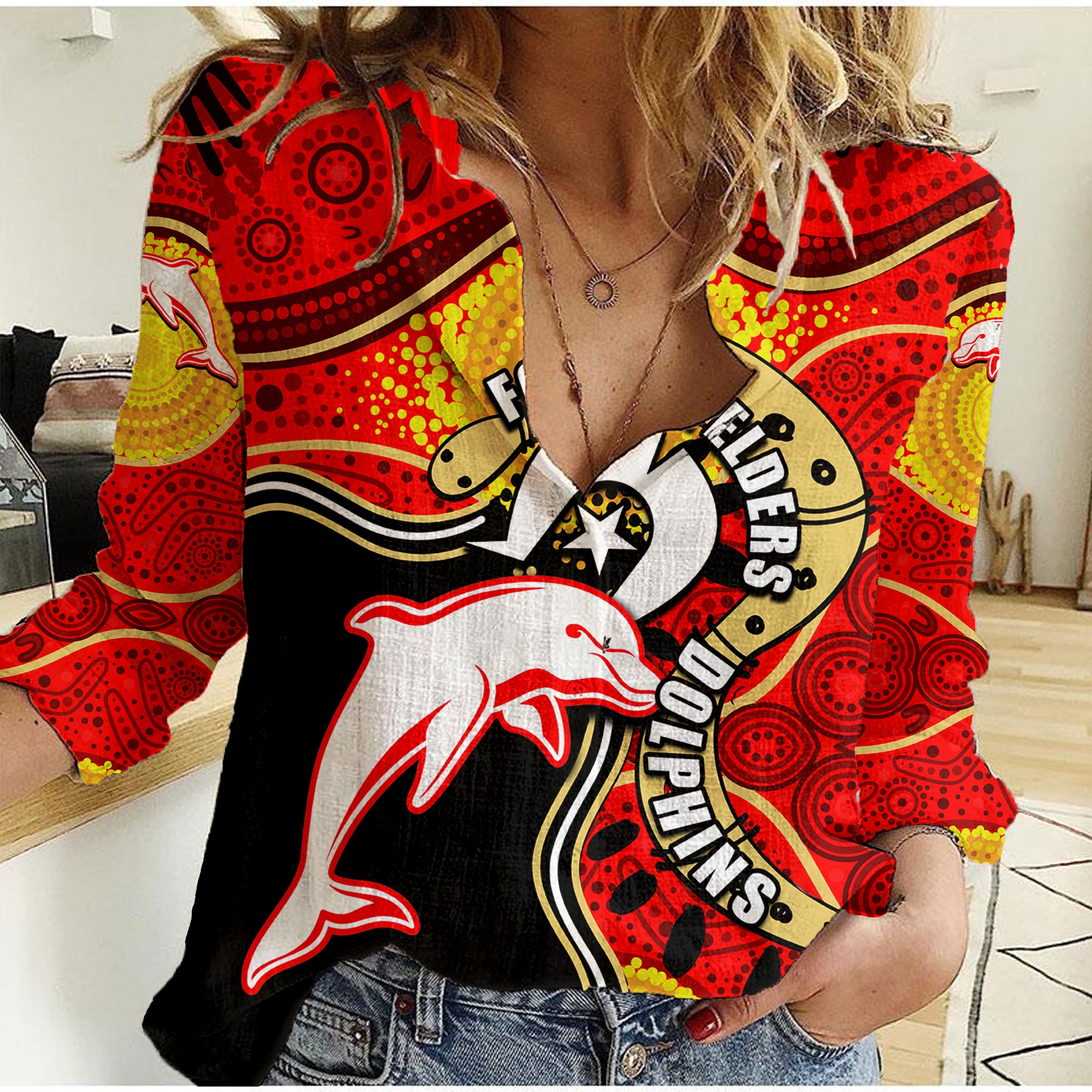 Dolphins Mascot NRL Women Casual Shirt NAIDOC - Vibe Hoodie Shop