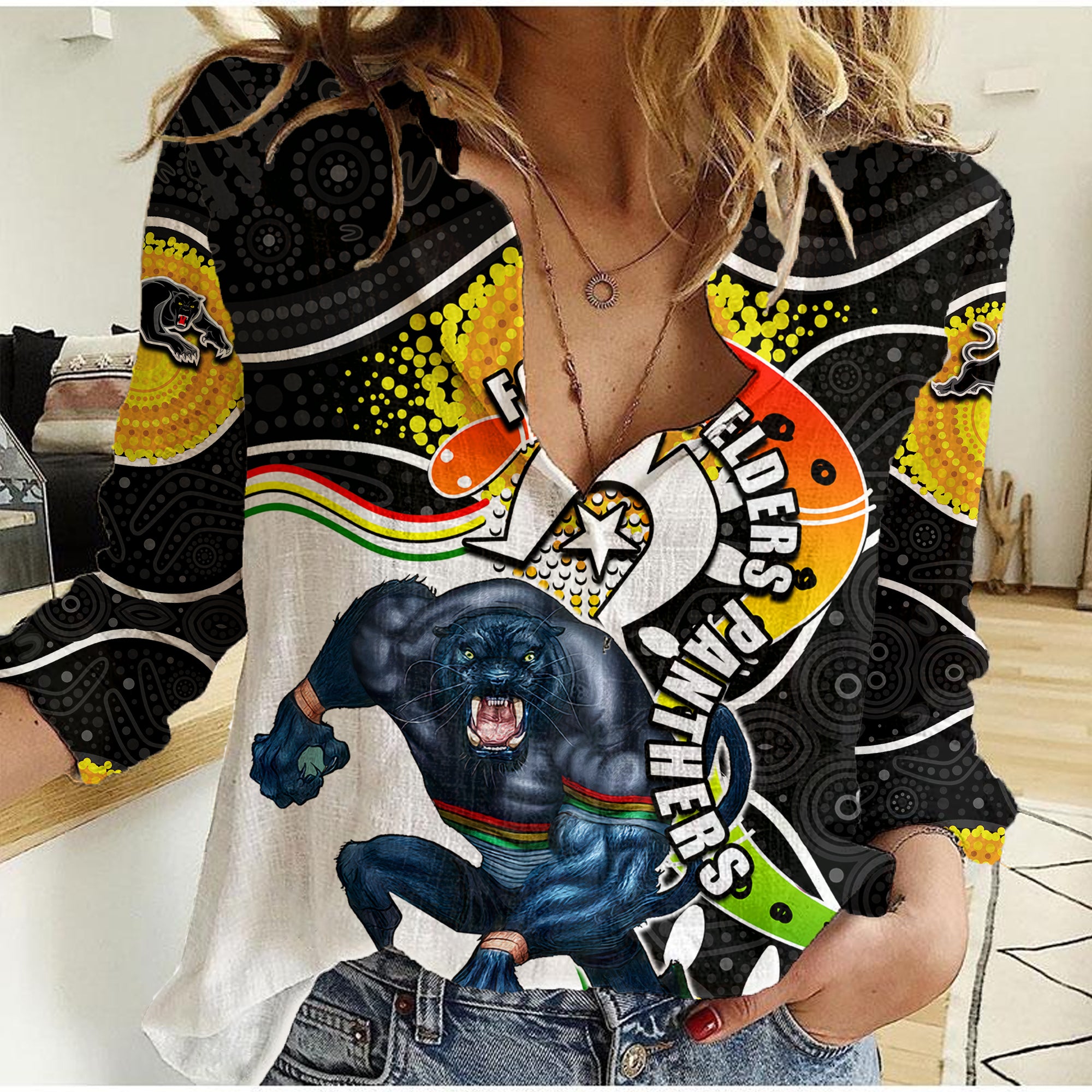 Panthers Mascot NRL Women Casual Shirt NAIDOC - Vibe Hoodie Shop