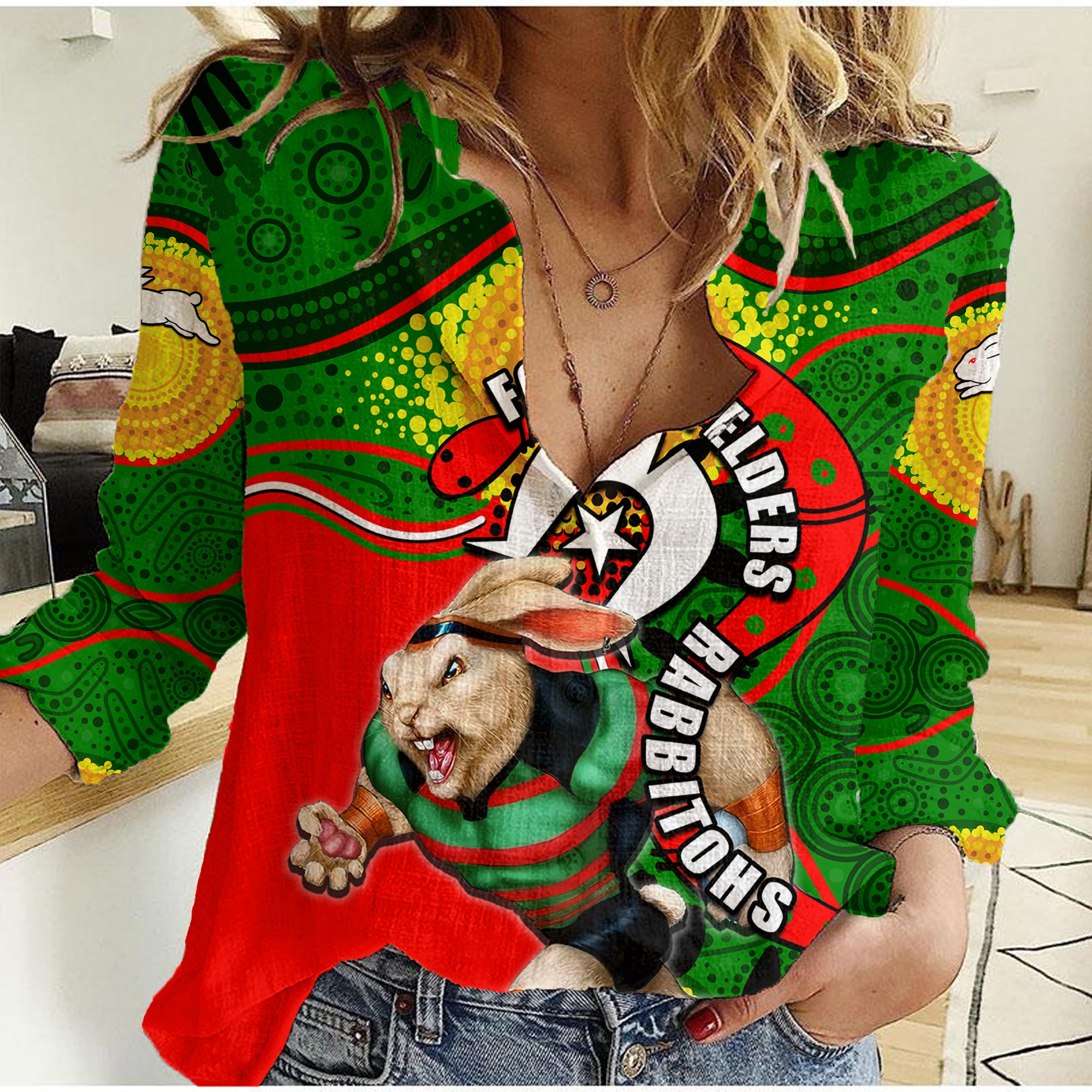 Rabbitohs Mascot NRL Women Casual Shirt NAIDOC - Vibe Hoodie Shop