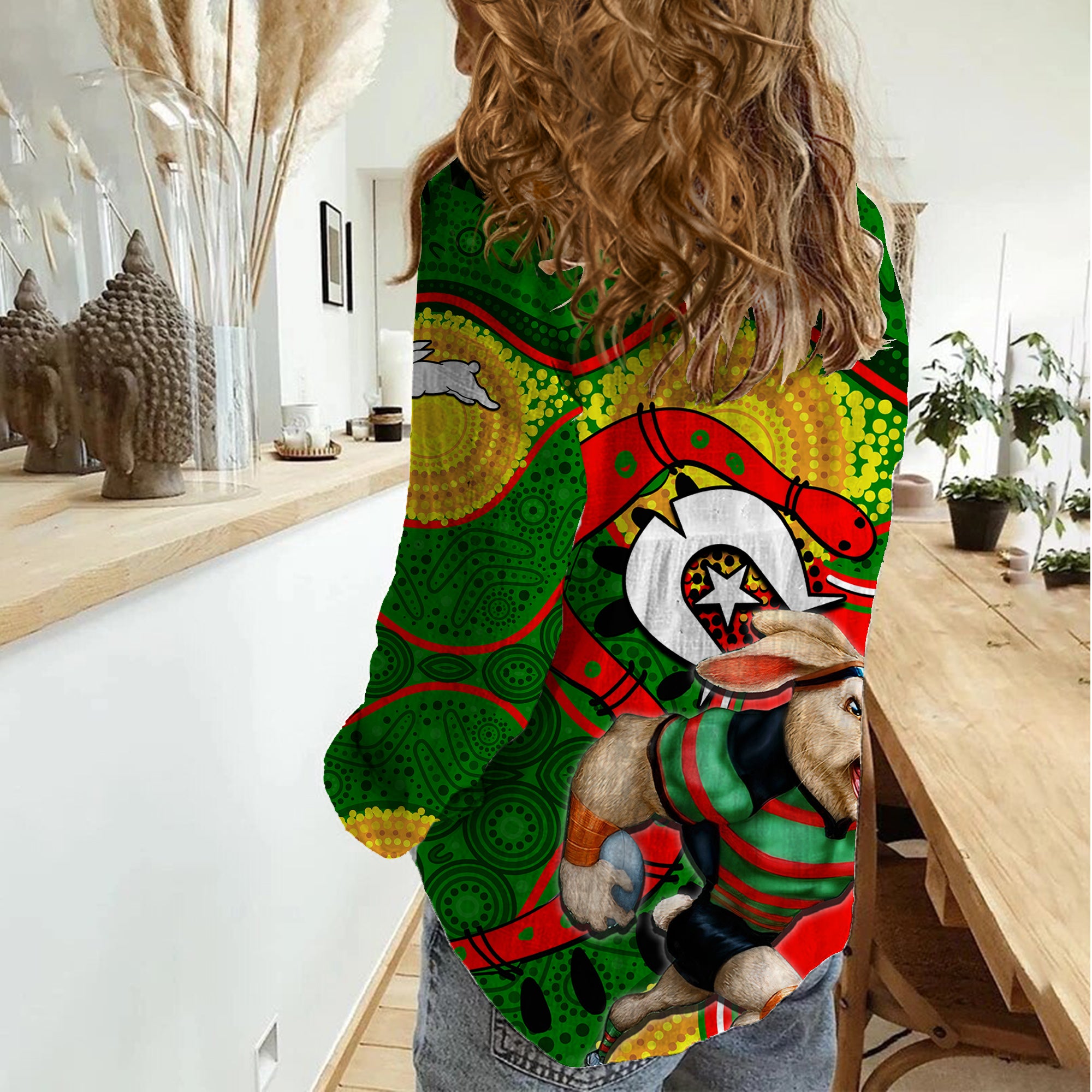 Rabbitohs Mascot NRL Women Casual Shirt NAIDOC - Vibe Hoodie Shop