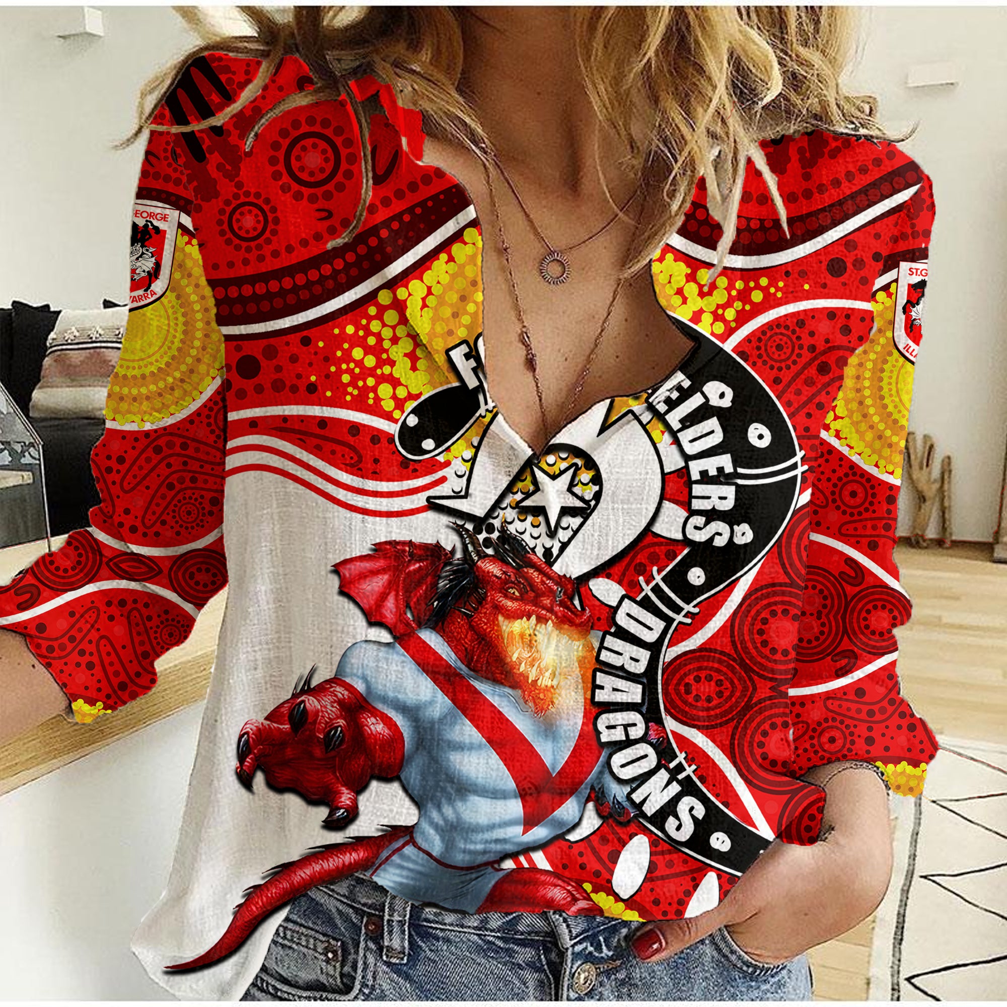 Dragons Mascot NRL Women Casual Shirt NAIDOC - Vibe Hoodie Shop