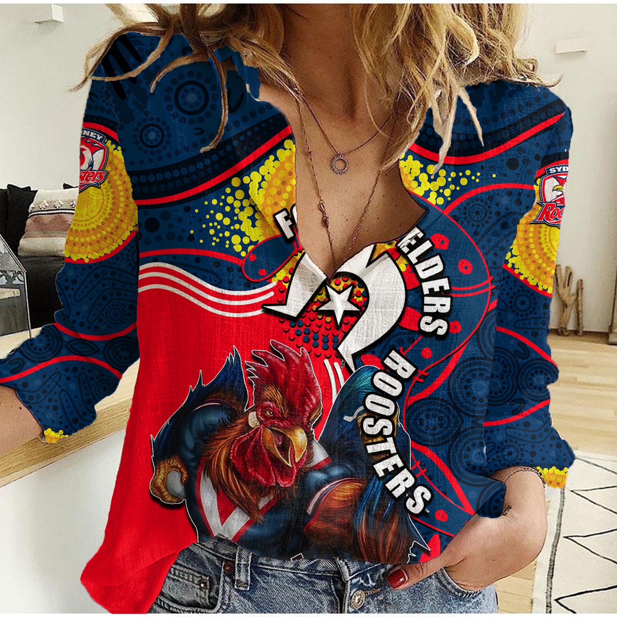 Roosters Mascot NRL Women Casual Shirt NAIDOC - Vibe Hoodie Shop