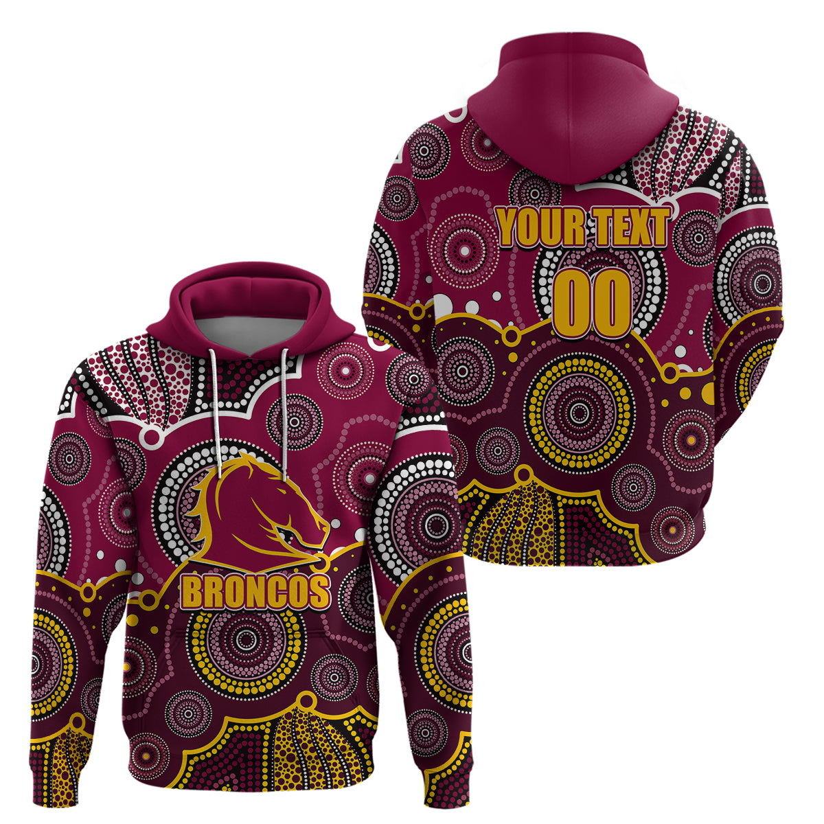 (Custom Personalised And Number) Broncos NRL Hoodie Aboriginal Patterns LT6 - Vibe Hoodie Shop