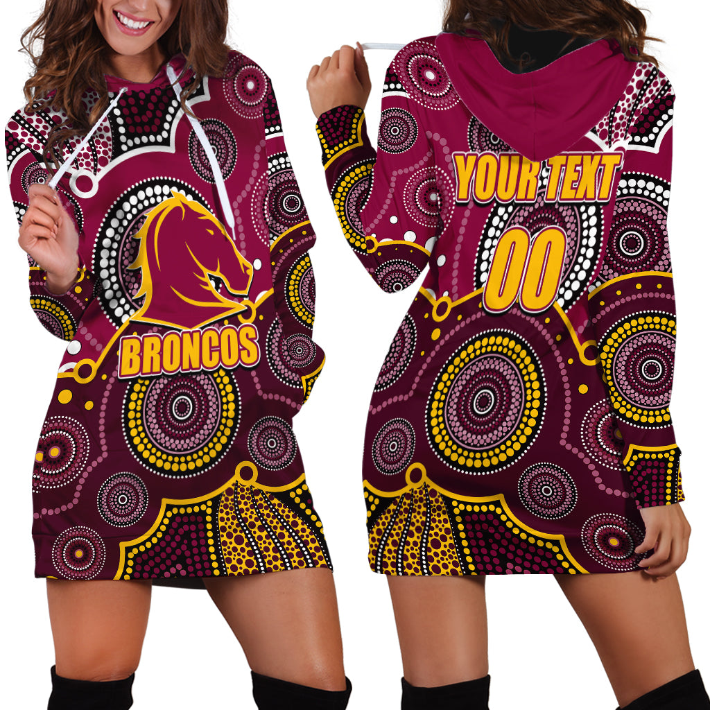 (Custom Personalised And Number) Broncos NRL Hoodie Dress Aboriginal Patterns - Vibe Hoodie Shop