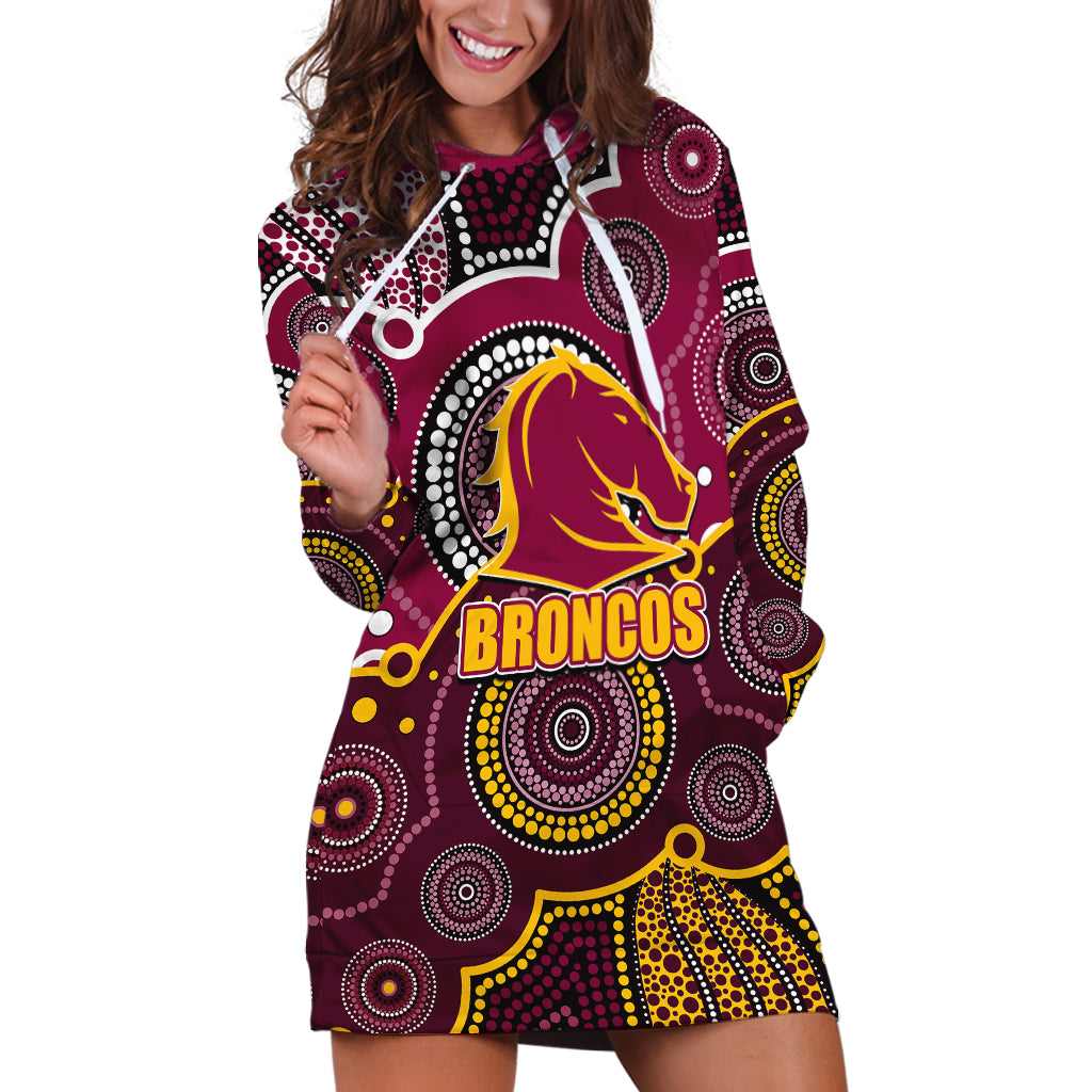 (Custom Personalised And Number) Broncos NRL Hoodie Dress Aboriginal Patterns - Vibe Hoodie Shop