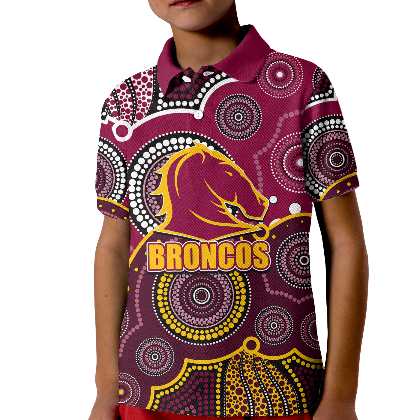 (Custom Personalised And Number) Broncos NRL Kid Polo Shirt Aboriginal Patterns - Vibe Hoodie Shop