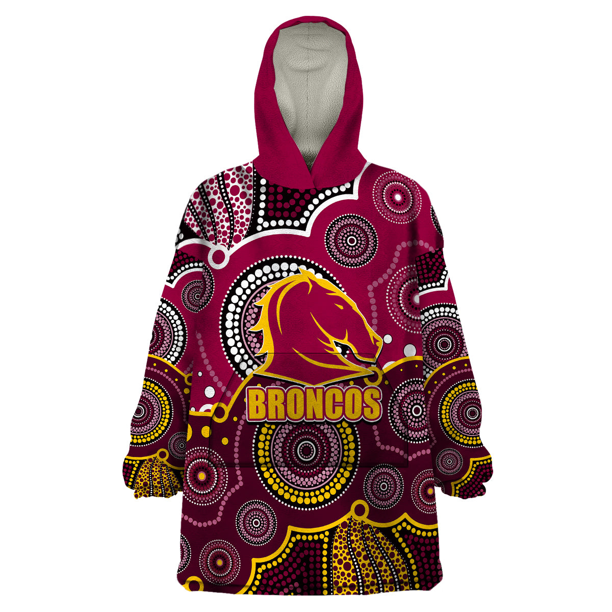 (Custom Personalised And Number) Broncos NRL Wearable Blanket Hoodie Aboriginal Patterns - Vibe Hoodie Shop