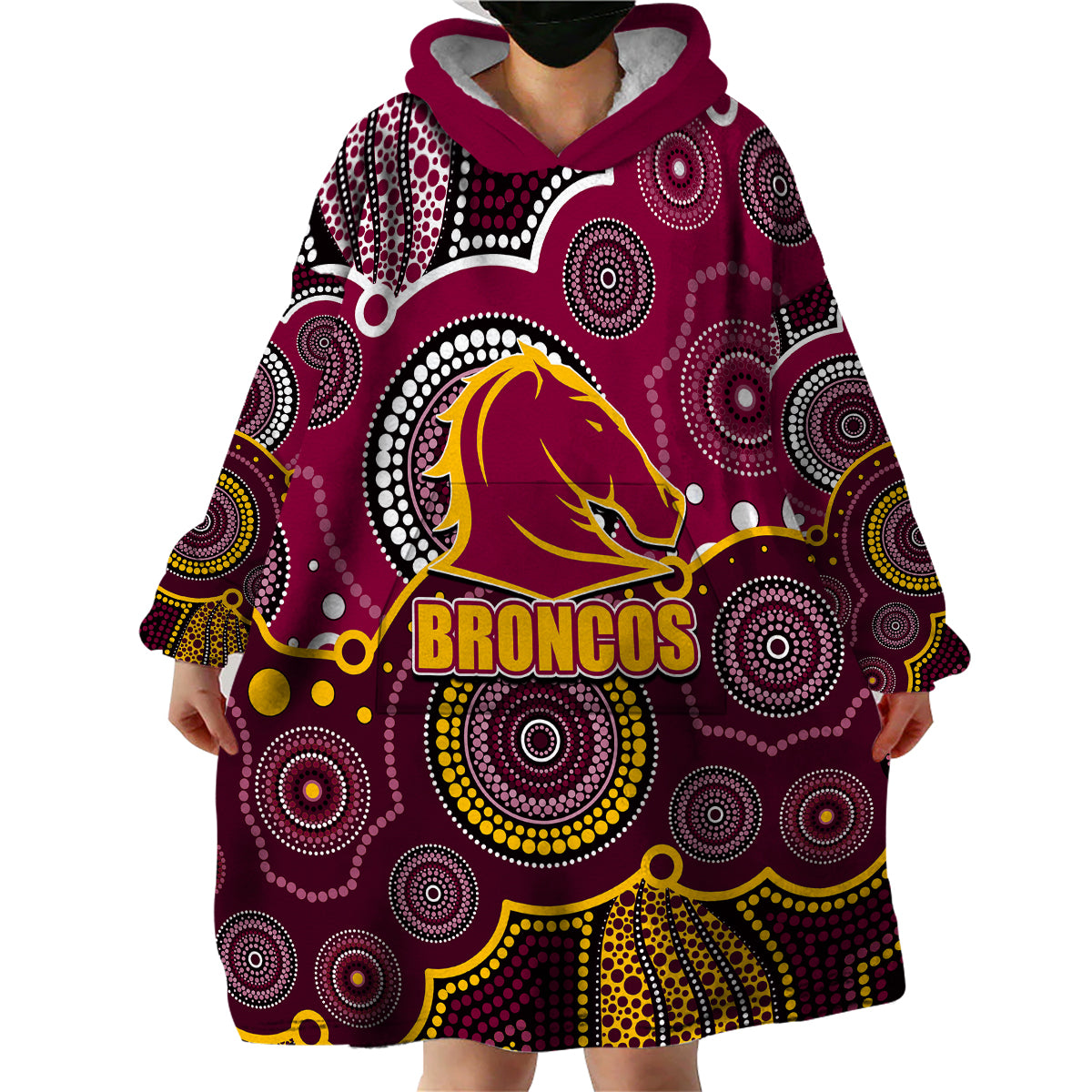 (Custom Personalised And Number) Broncos NRL Wearable Blanket Hoodie Aboriginal Patterns - Vibe Hoodie Shop