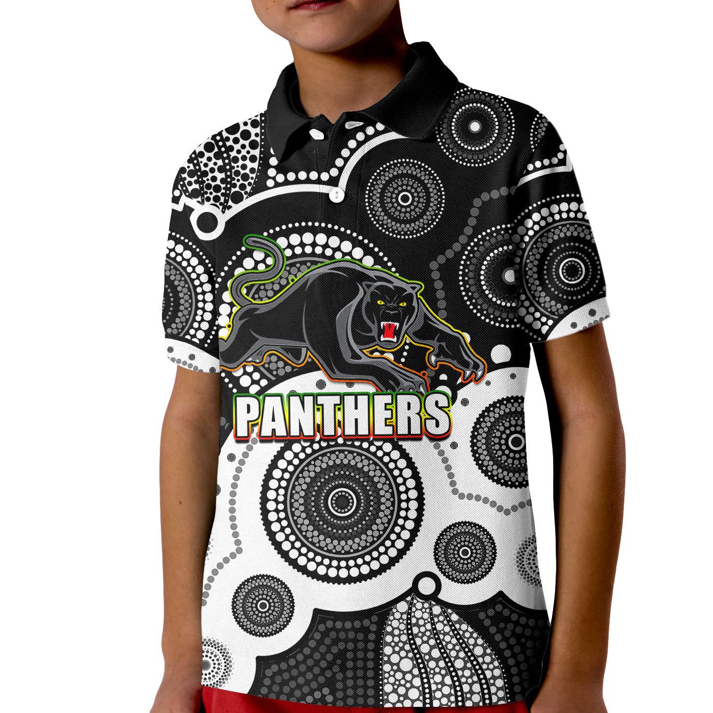 (Custom Personalised And Number) Panthers NRL Kid Polo Shirt Aboriginal Patterns - Vibe Hoodie Shop