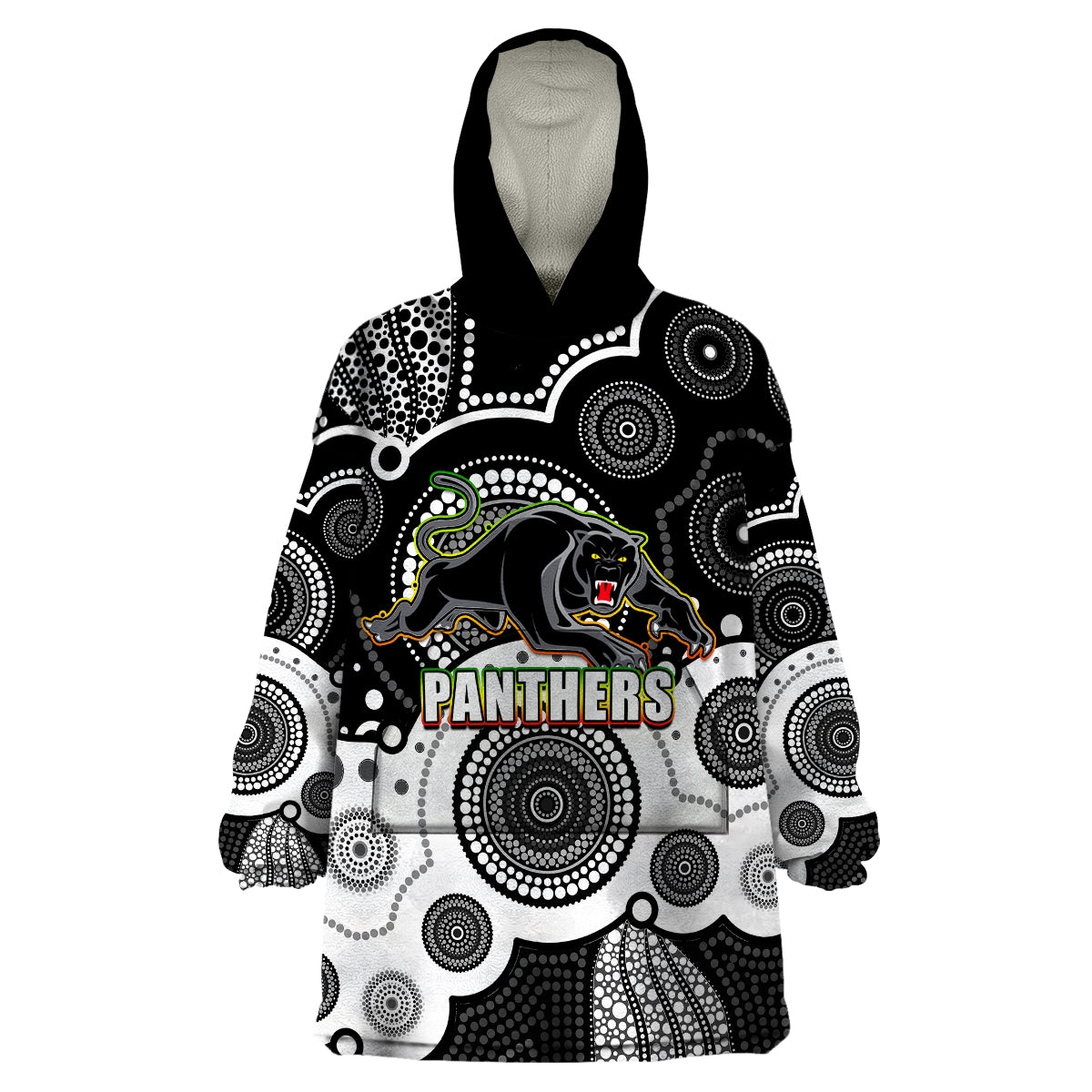 (Custom Personalised And Number) Panthers NRL Wearable Blanket Hoodie Aboriginal Patterns - Vibe Hoodie Shop