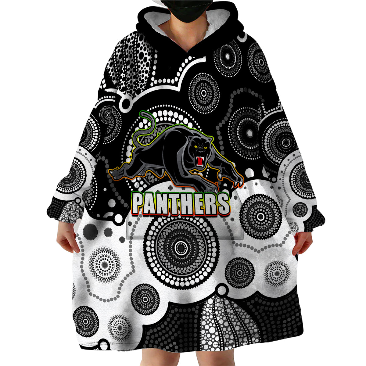 (Custom Personalised And Number) Panthers NRL Wearable Blanket Hoodie Aboriginal Patterns - Vibe Hoodie Shop