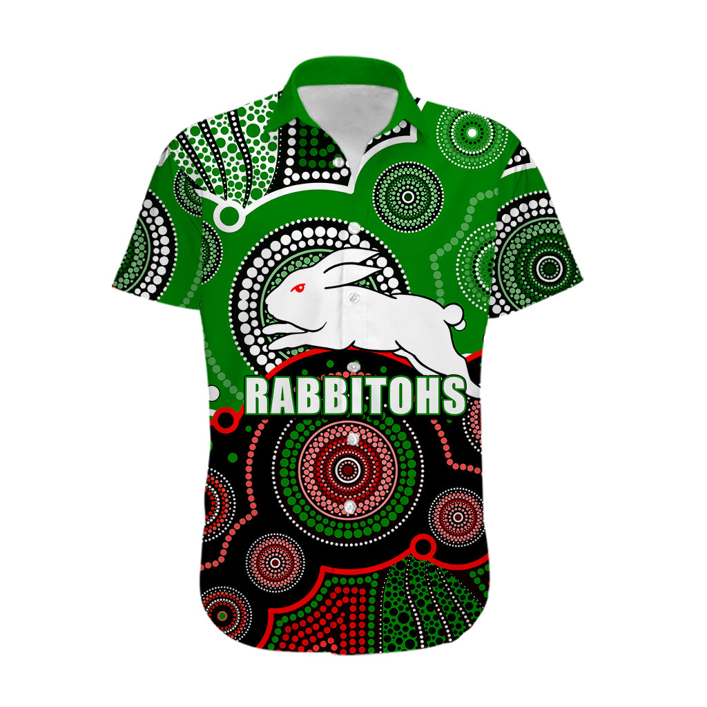 (Custom Personalised And Number) Rabbitohs NRL Hawaiian Shirt Aboriginal Patterns - Vibe Hoodie Shop
