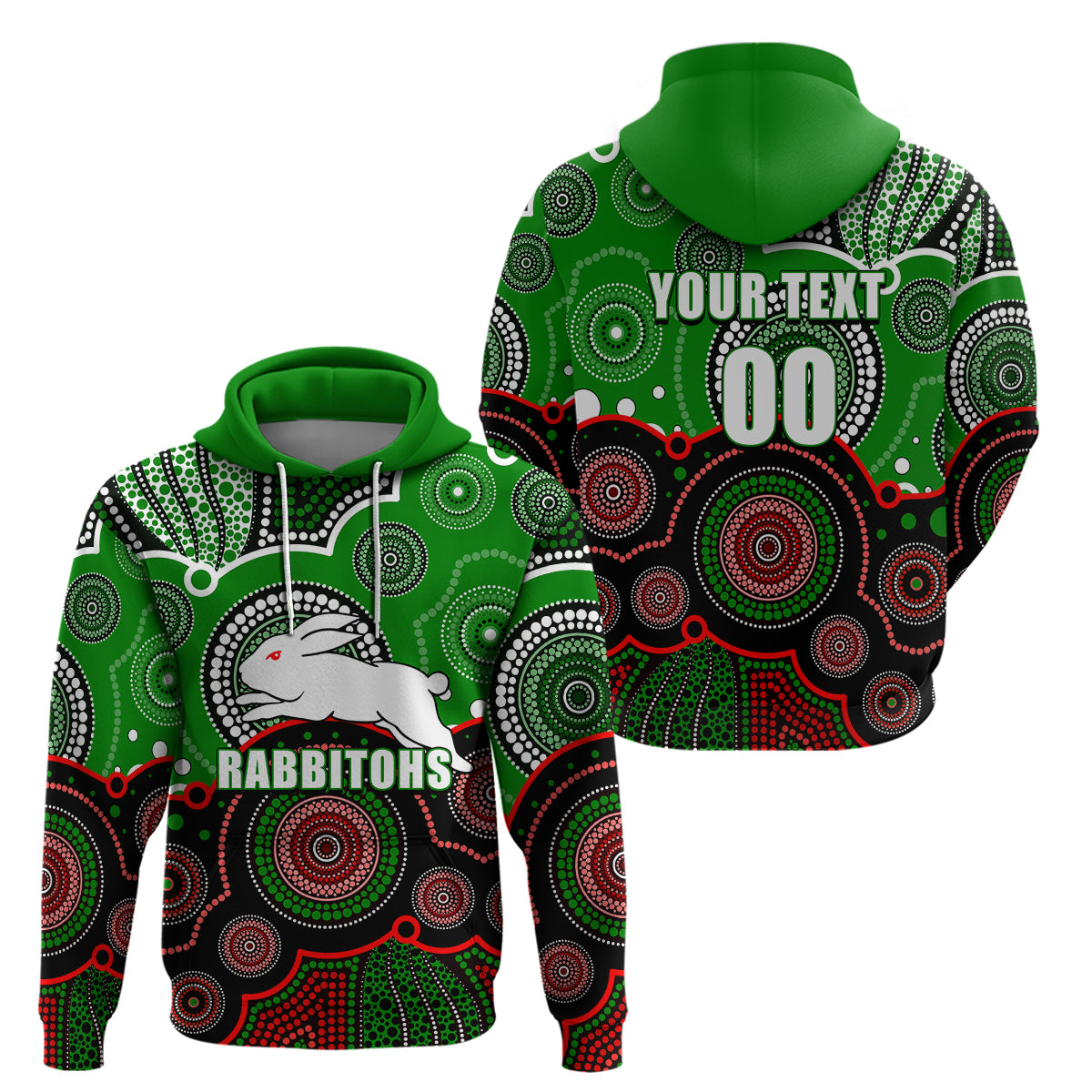(Custom Personalised And Number) Rabbitohs NRL Hoodie Aboriginal Patterns LT6 - Vibe Hoodie Shop