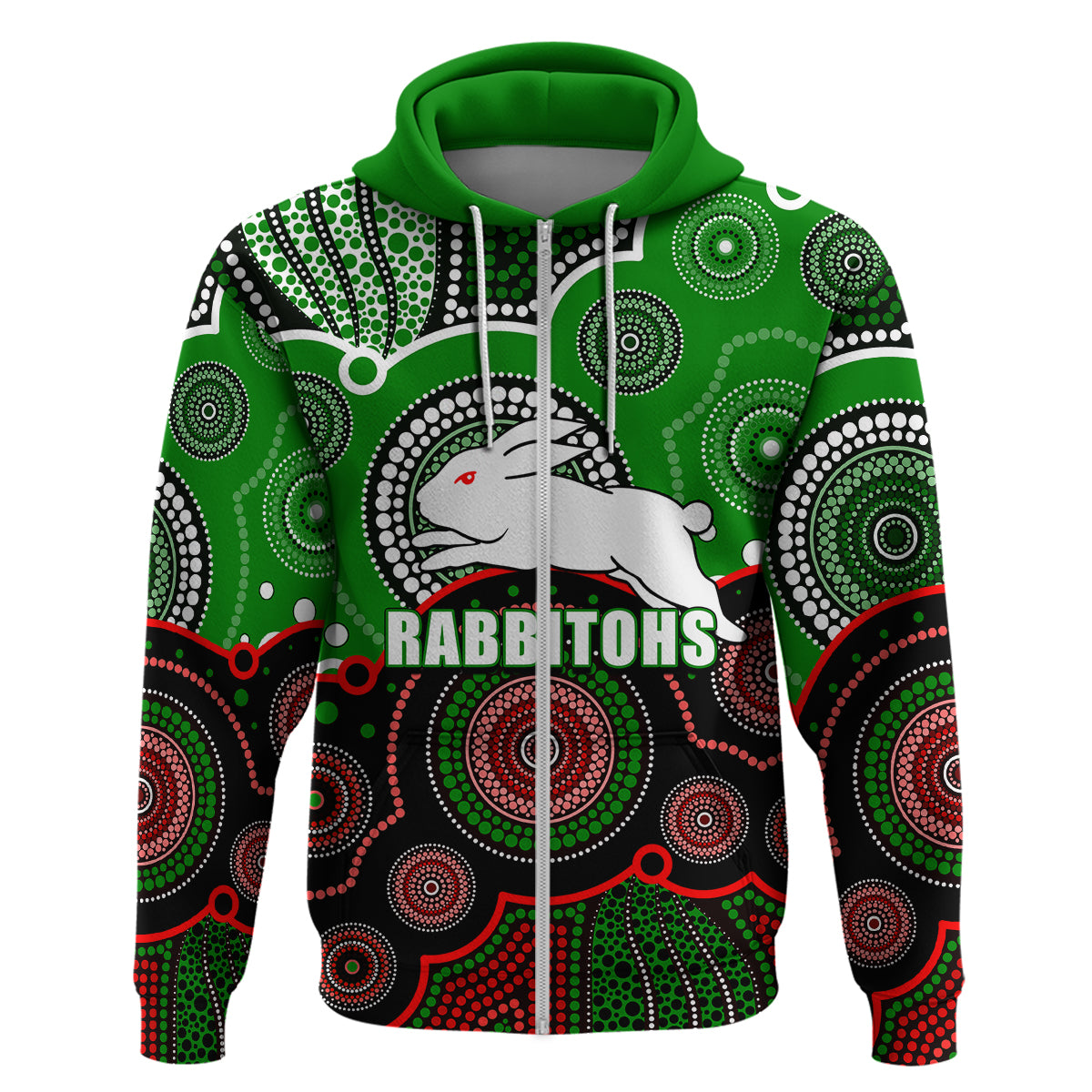 (Custom Personalised And Number) Rabbitohs NRL Hoodie Aboriginal Patterns LT6 - Vibe Hoodie Shop
