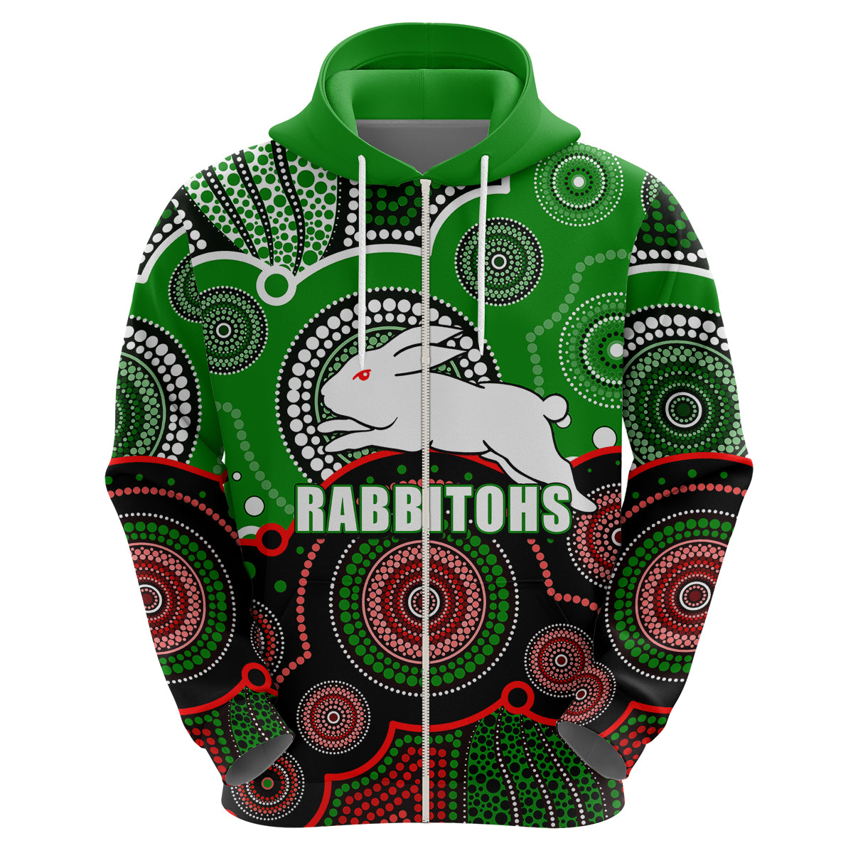 (Custom Personalised And Number) Rabbitohs NRL Hoodie Aboriginal Patterns LT6 - Vibe Hoodie Shop