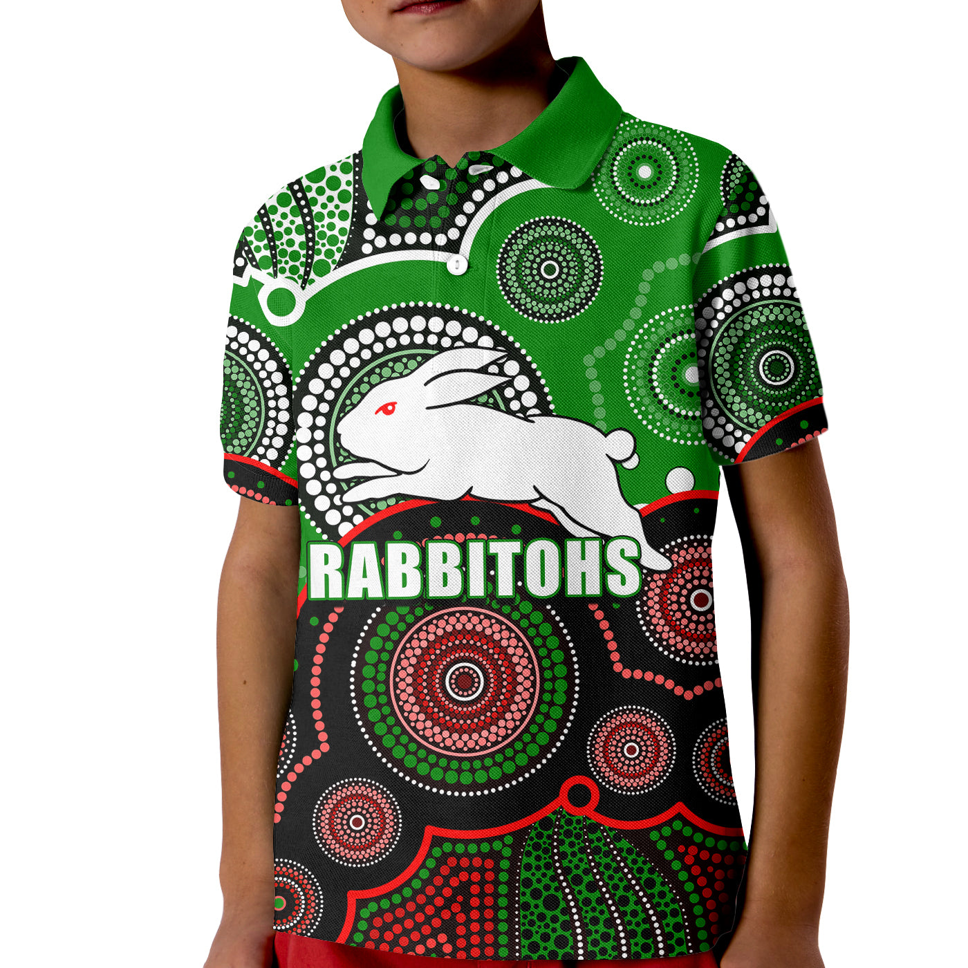 (Custom Personalised And Number) Rabbitohs NRL Kid Polo Shirt Aboriginal Patterns - Vibe Hoodie Shop