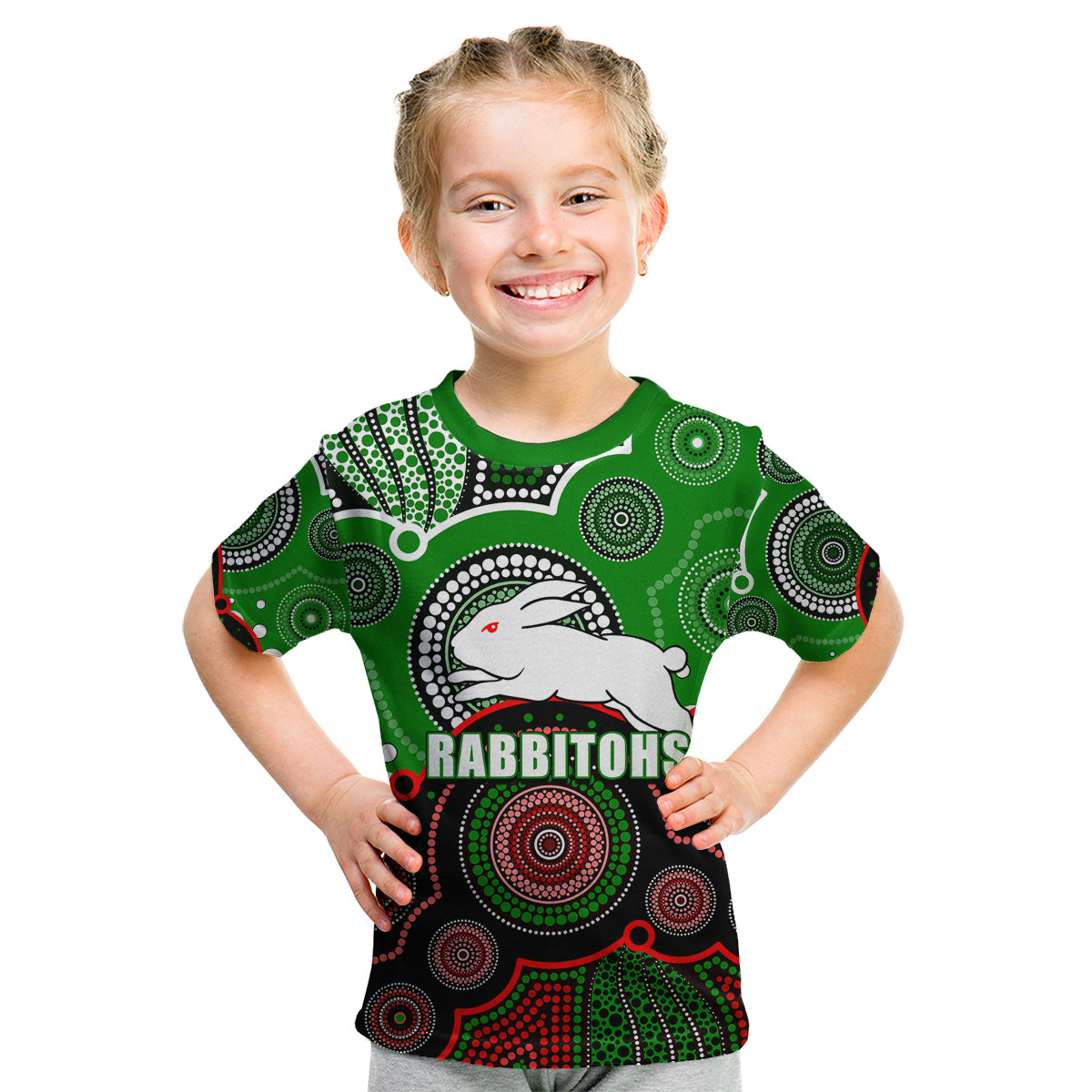 (Custom Personalised And Number) Rabbitohs NRL Kid T Shirt Aboriginal Patterns - Vibe Hoodie Shop