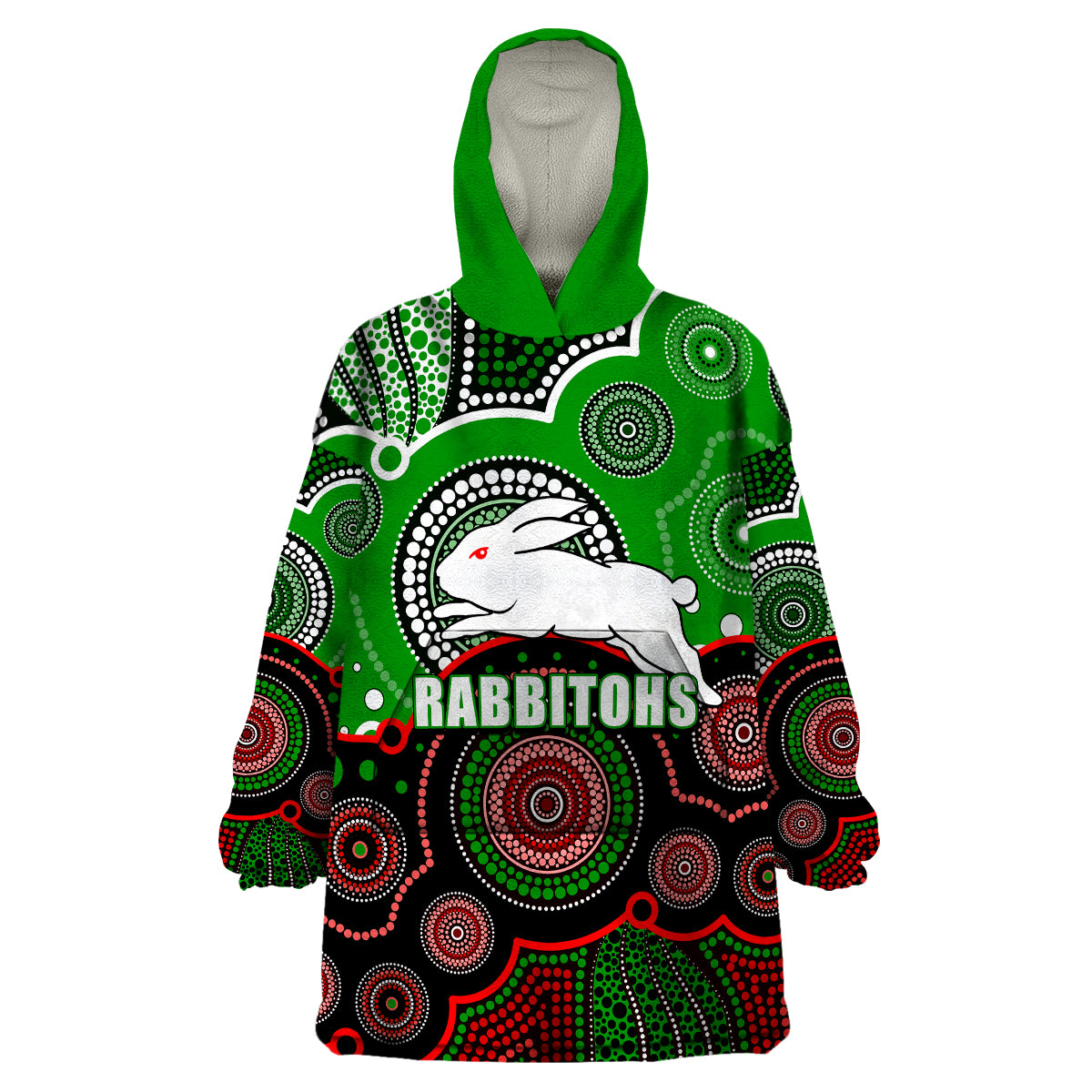 (Custom Personalised And Number) Rabbitohs NRL Wearable Blanket Hoodie Aboriginal Patterns - Vibe Hoodie Shop