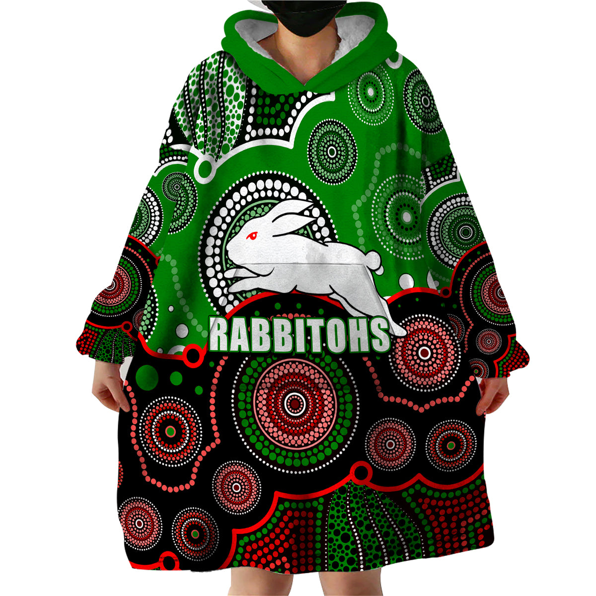 (Custom Personalised And Number) Rabbitohs NRL Wearable Blanket Hoodie Aboriginal Patterns - Vibe Hoodie Shop