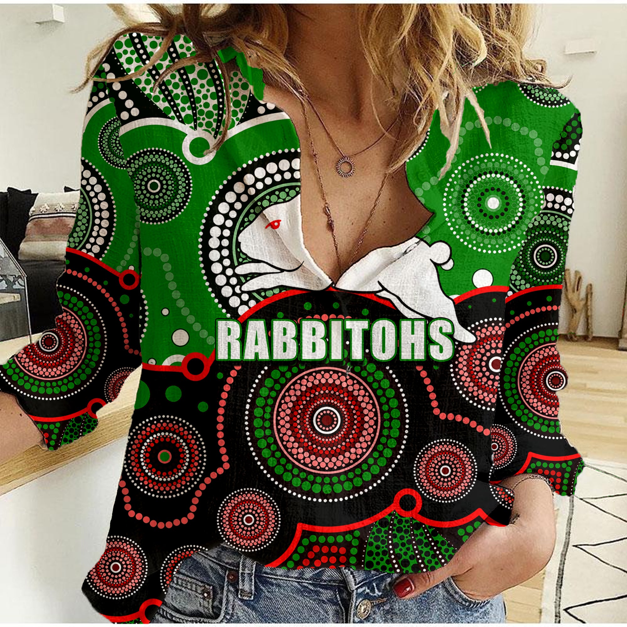 (Custom Personalised And Number) Rabbitohs NRL Women Casual Shirt Aboriginal Patterns - Vibe Hoodie Shop